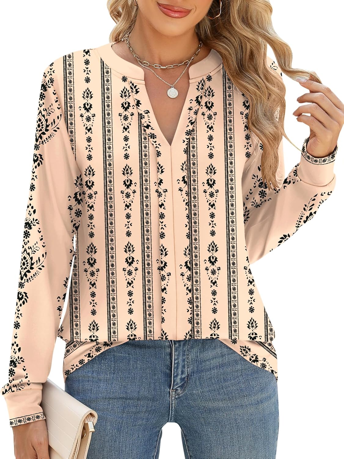 Micoson Womens Tops Dressy Casual Long Sleeve Business Knit T Shirts V Neck Pleated Work Blouses Loose Fall Trendy Clothes