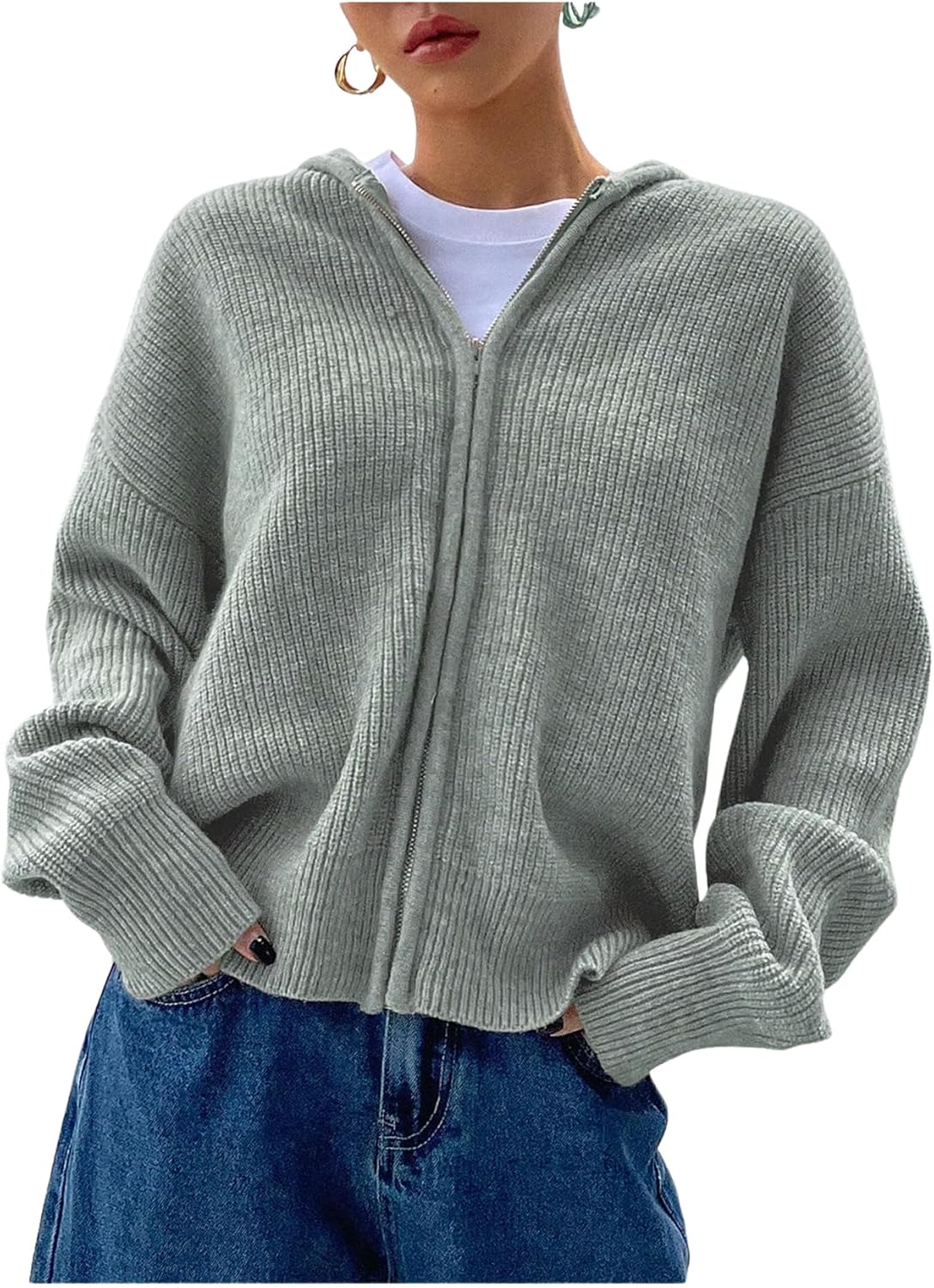 SOLY HUX Zip Up Cardigan for Women Hooded Cardigan Sweater Knitted Drop Shoulder Fall Clothes Winter Hoodies Outerwear