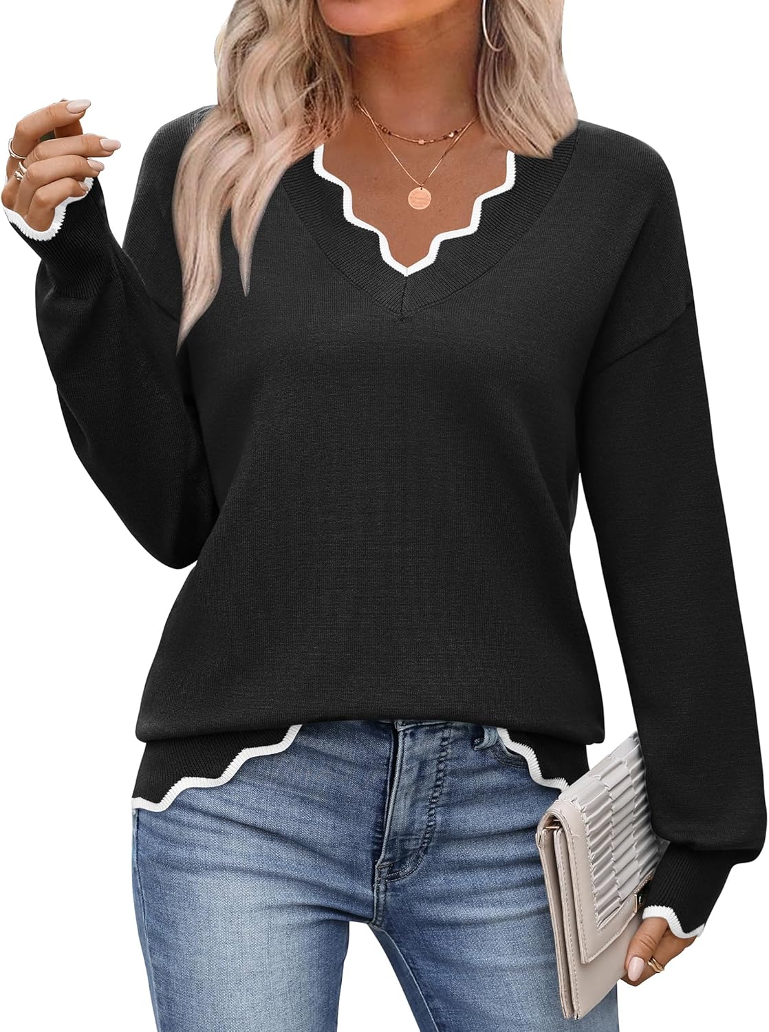Zeagoo Women's 2025 Fall V Neck Sweater Casual Long Sleeve Lightweight Ribbed Knit Pullover Sweaters Dressy Casual Tops