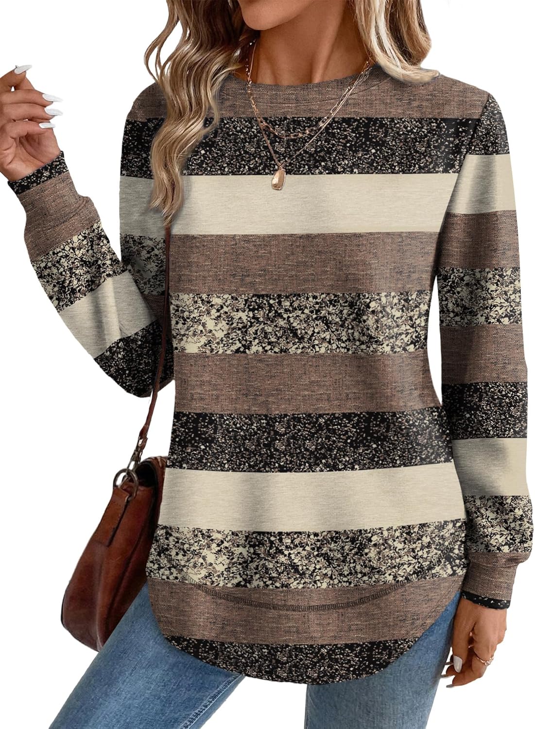 OFEEFAN Tunic Tops for Women Loose Fit Dressy Long Sleeve Shirts Womens Sweaters Crew Neck Fall Clothing with Curved Hem