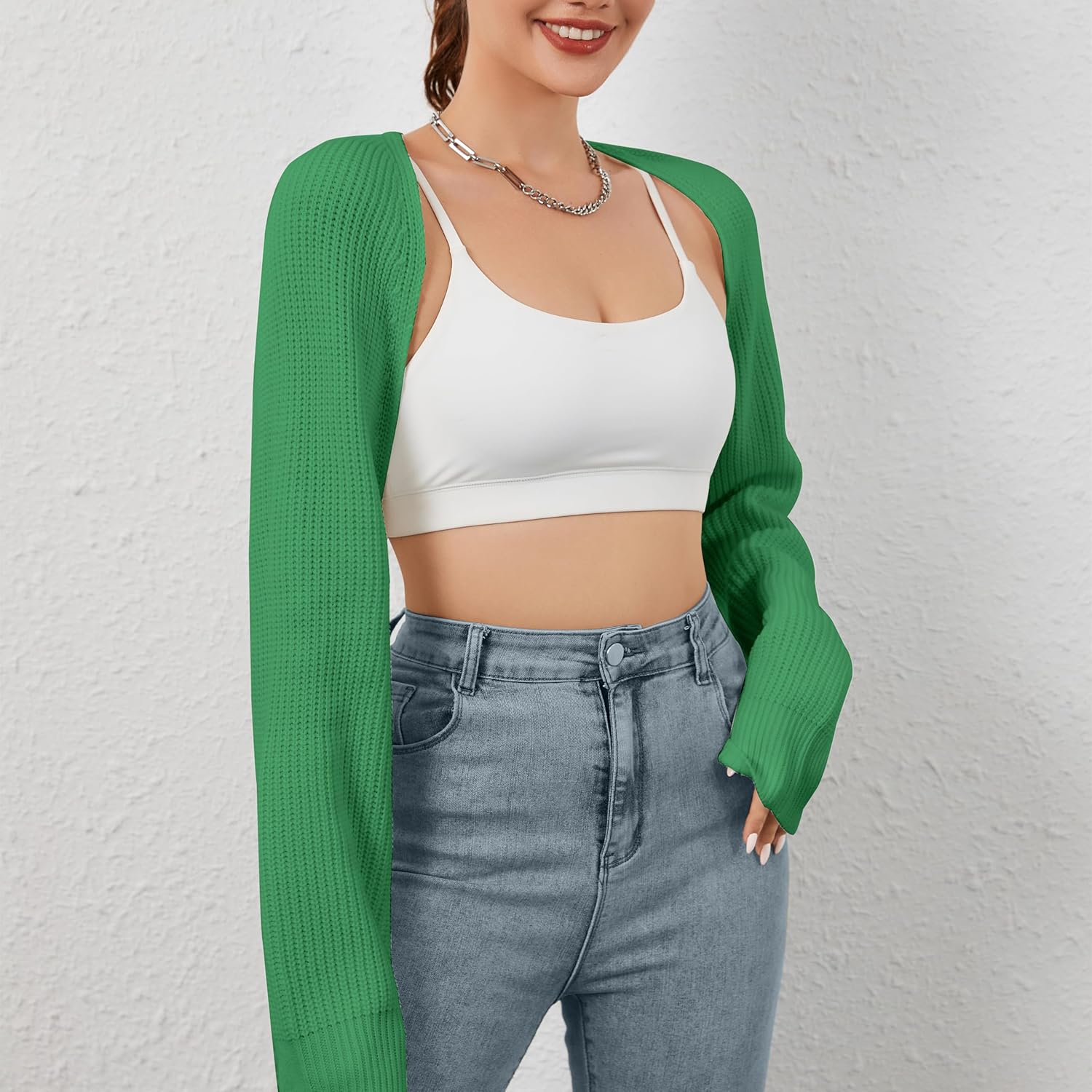 Women Open Front Ribbed Knit Crop Bolero Drop Shoulder Long Sleeve Solid Loose Fit Knitted Crop Cardigan Shrug