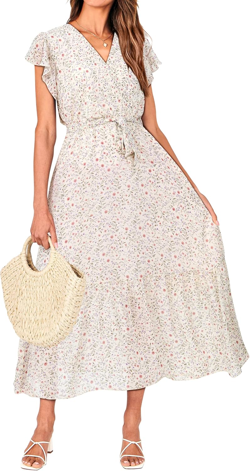 BTFBM Women Summer Bohemian Floral Casual Wrap V Neck Ruffle Cap Sleeveless Belt A-Line Pleated Hem Midi Sun Dress White