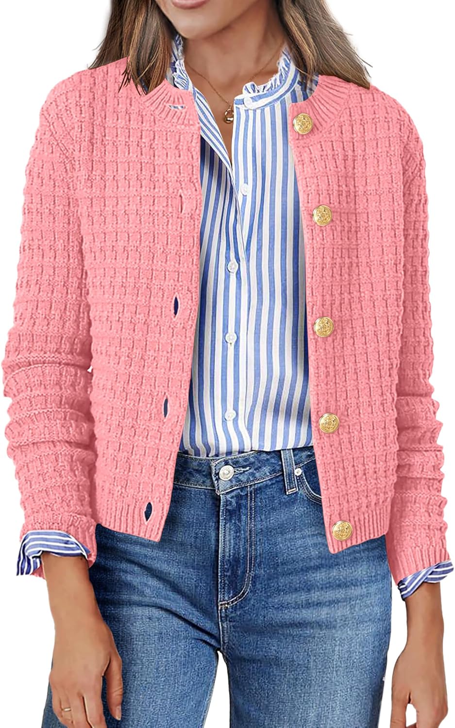 Zeagoo Women's 2025 Cardigan Sweaters Button Down Crew Neck Open Front Long Sleeve Knit Cropped Jackets