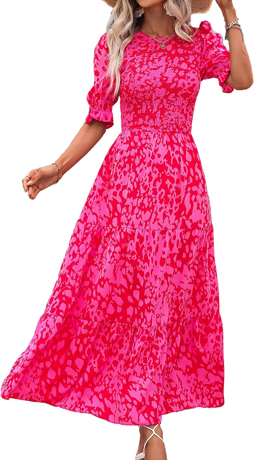 BTFBM Women Casual Summer Dresses 2025 Spring Crew Neck Ruffle Short Sleeve Floral Print Smocked Boho Flowy Maxi Dress