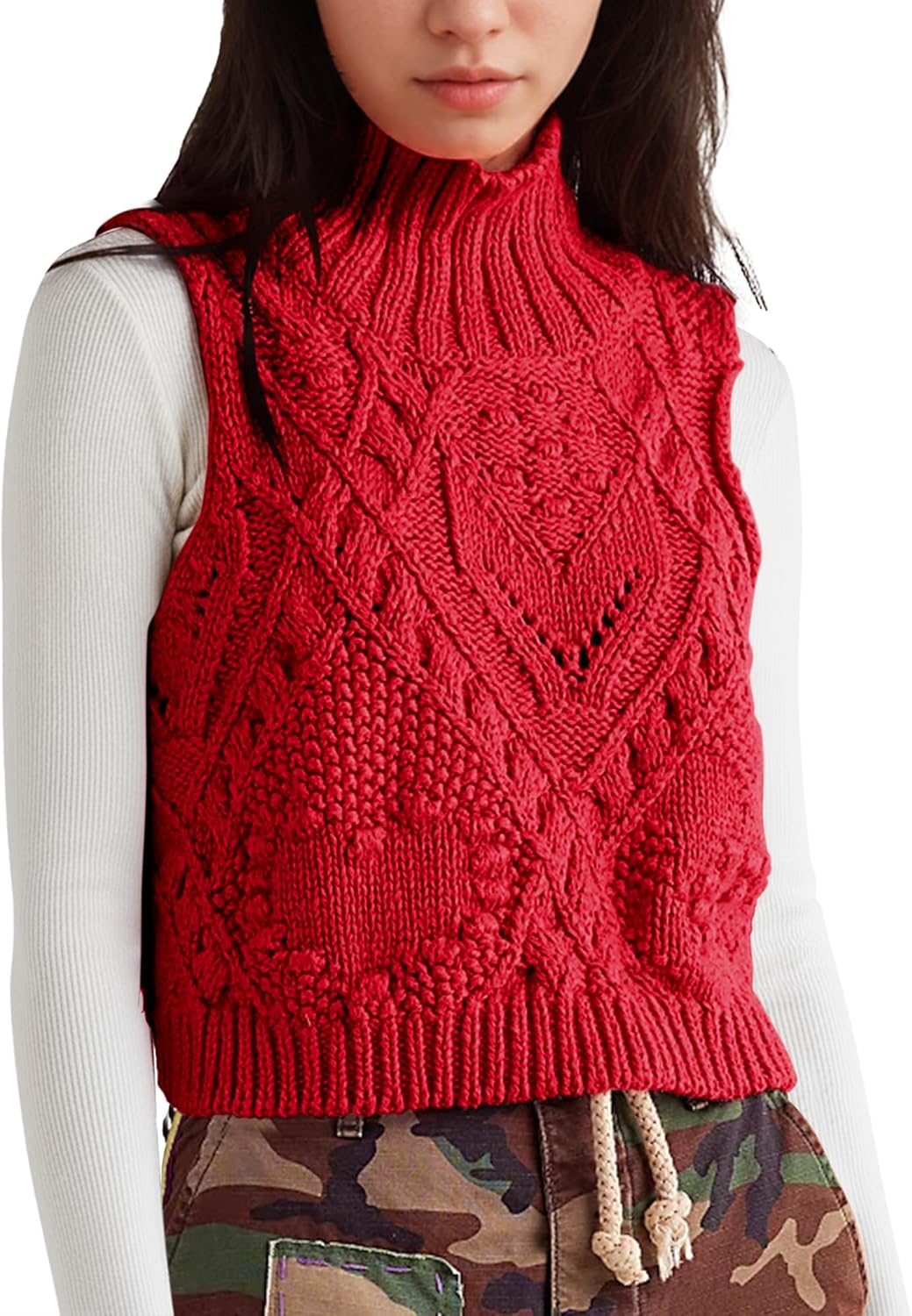 Hixiaohe Turtleneck Crochet Sweater Vest Fall Fashion Knit Sleeveless Tank Tops for Women Lightweight Casual Pullover Clothes