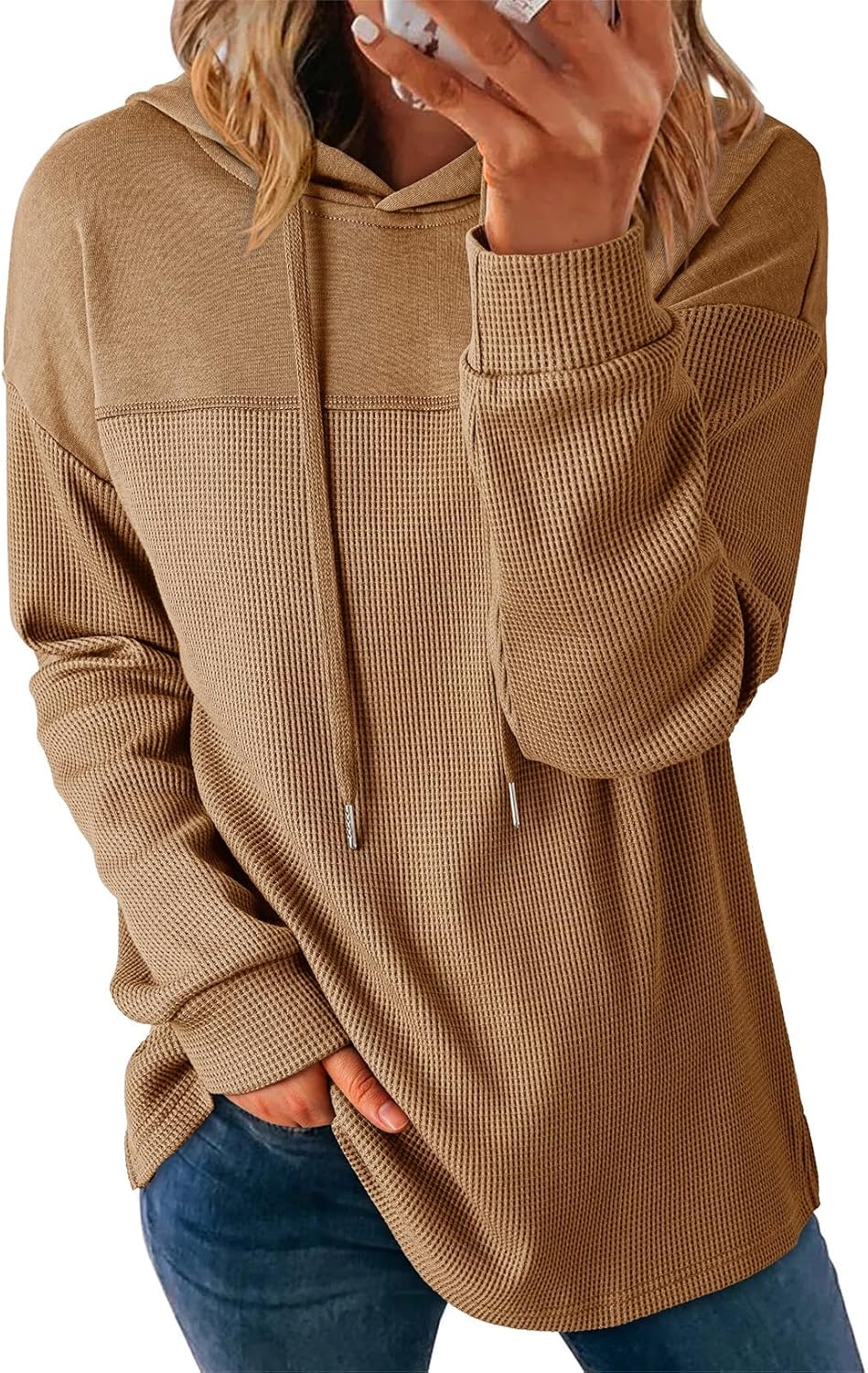 Dokotoo Womens Hoodies Casual Waffle Knit Long Sleeve Drawstring Pullover Sweatshirts Lightweight Hooded Tops