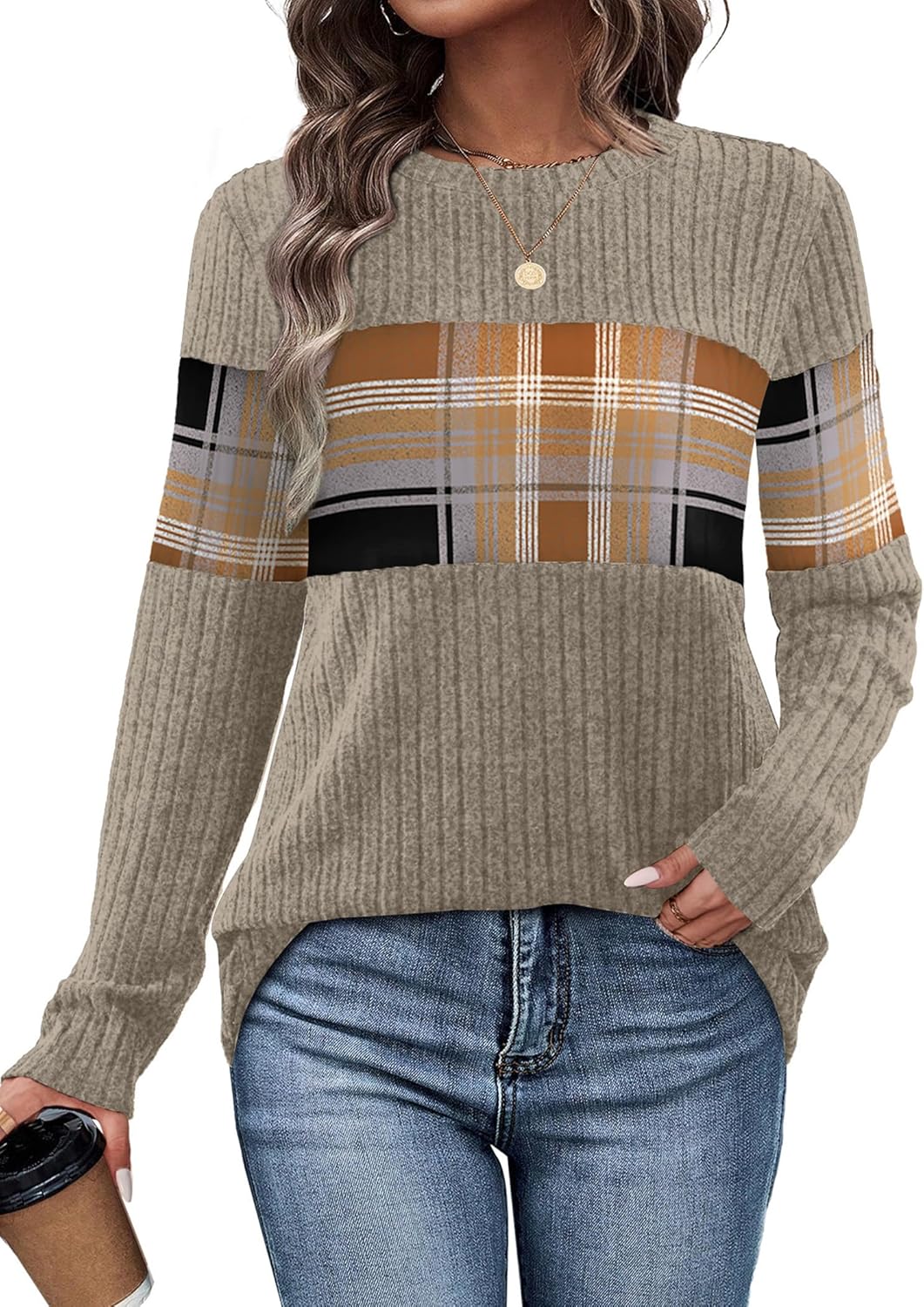 WIHOLL Womens Sweaters Trendy Color Block Tops Long Sleeve Shirts Fall Outfits Early Fall Fashion 2025 Winter Clothing