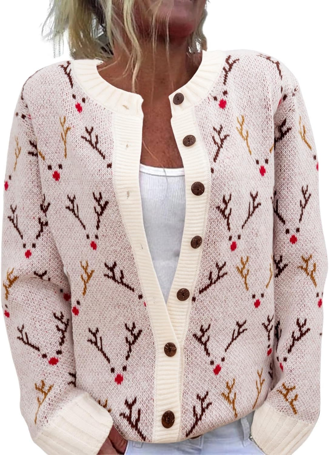 Women's Funny Fall Winter Animal Floral Christmas Tree Long Sleeve Button Knit Cardigan Sweater