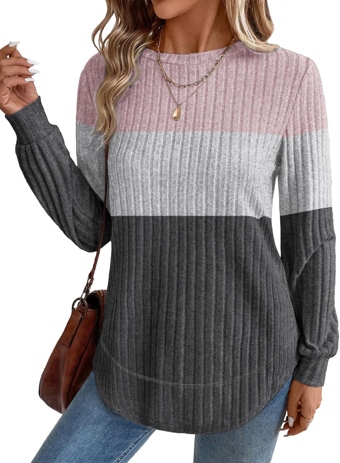 OFEEFAN Tunic Tops for Women Loose Fit Dressy Long Sleeve Shirts Womens Sweaters Crew Neck Fall Clothing with Curved Hem