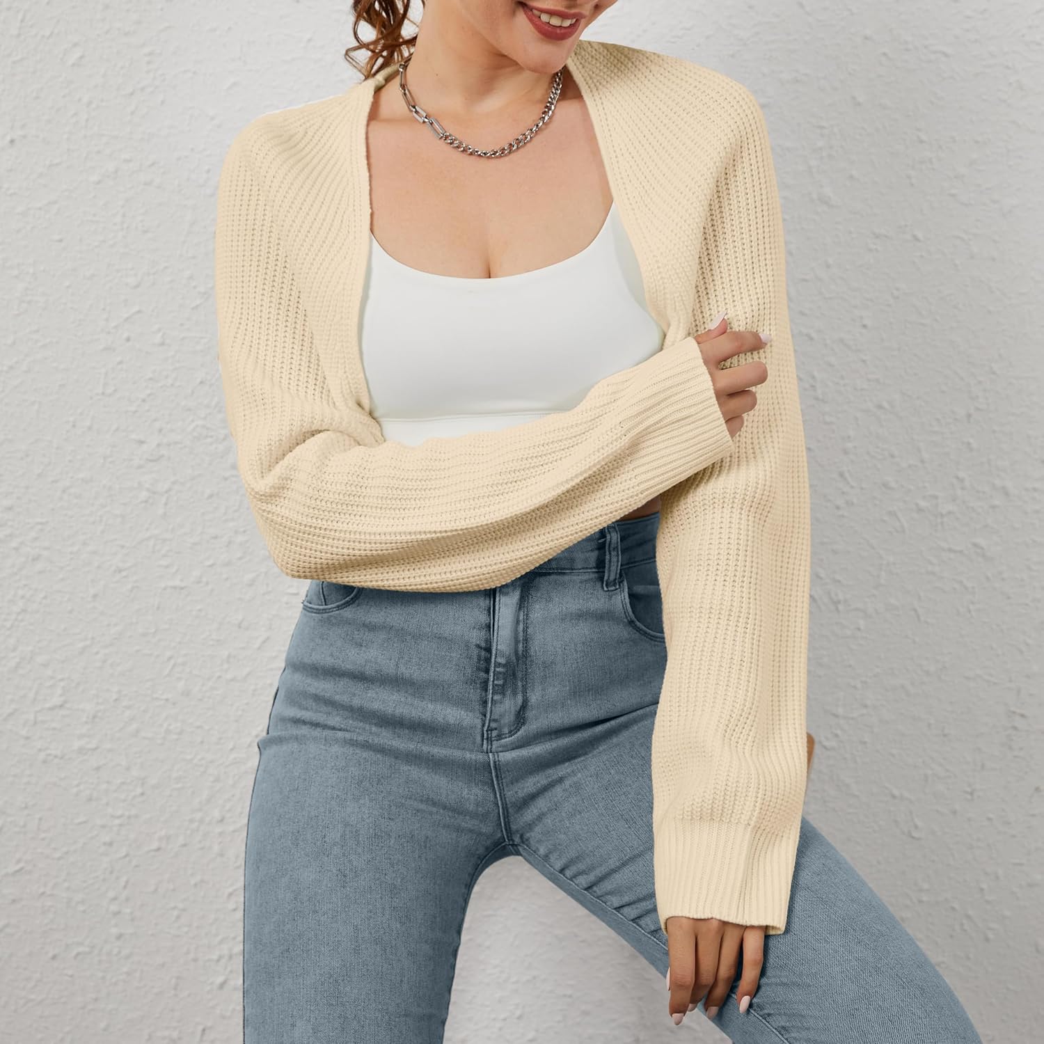 Women Open Front Ribbed Knit Crop Bolero Drop Shoulder Long Sleeve Solid Loose Fit Knitted Crop Cardigan Shrug