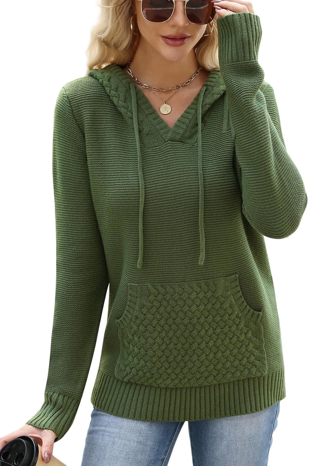 2025 Fall Hooded Sweater Women Oversized V Neck Fashion Knit Long Sleeve Pullover Drawstring Hoodie With Pocket