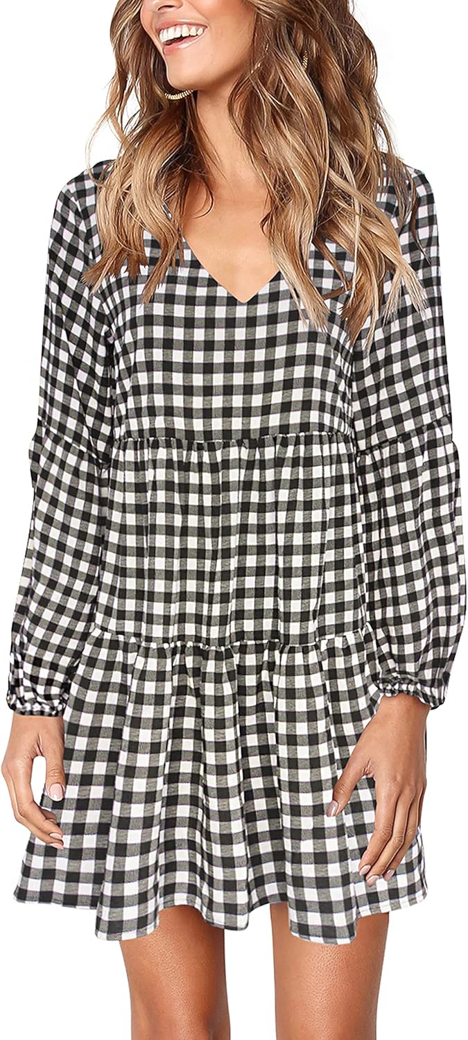 Amoretu Womens Tunic Dress Long Sleeve V Neck Casual Loose Flowy Swing Shift Dresses