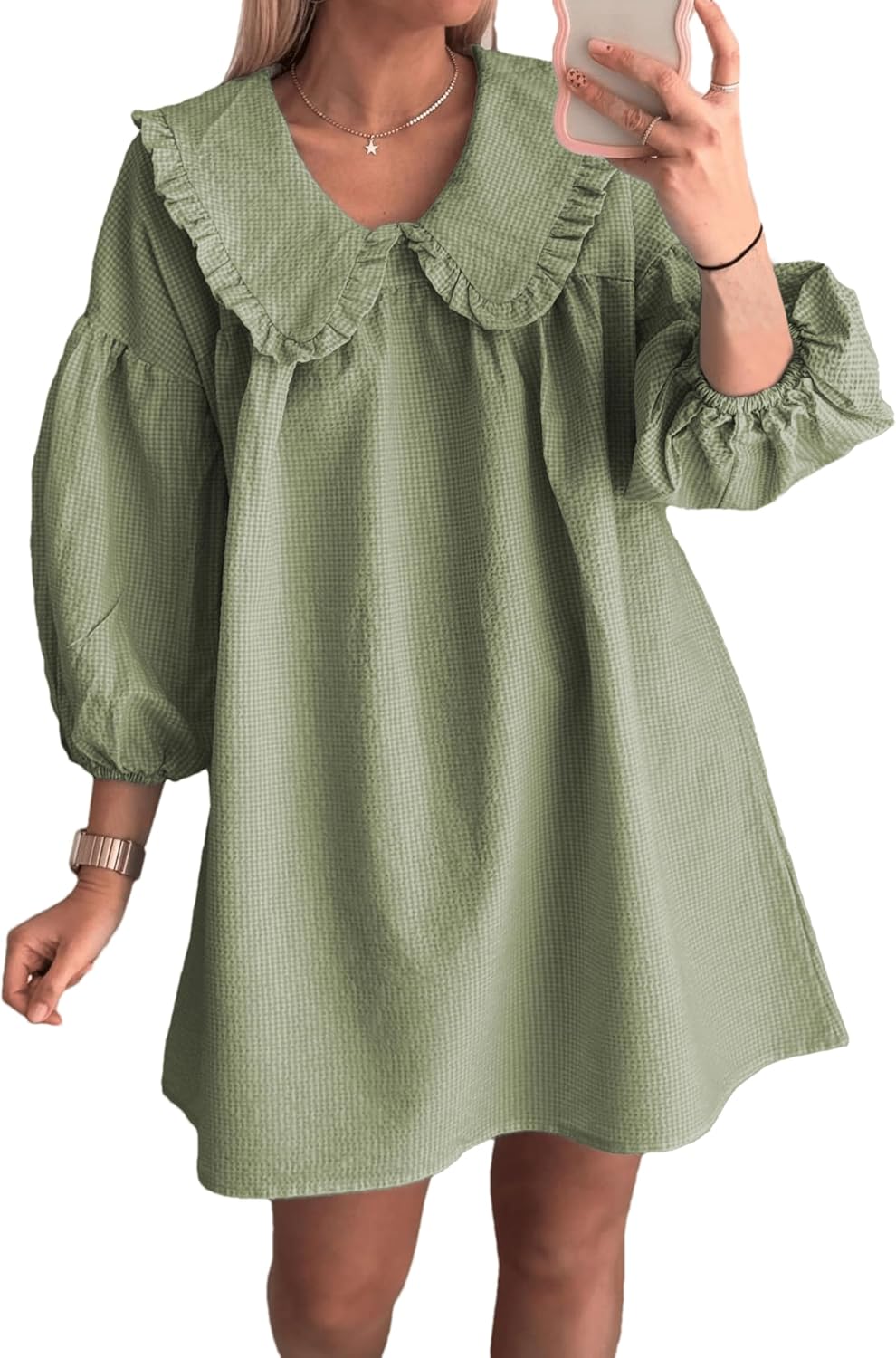 2025 Women's Babydoll 3/4 Puff Sleeve Plaid Mini Dress Lapel Doll Collar Loose Y2k Dress