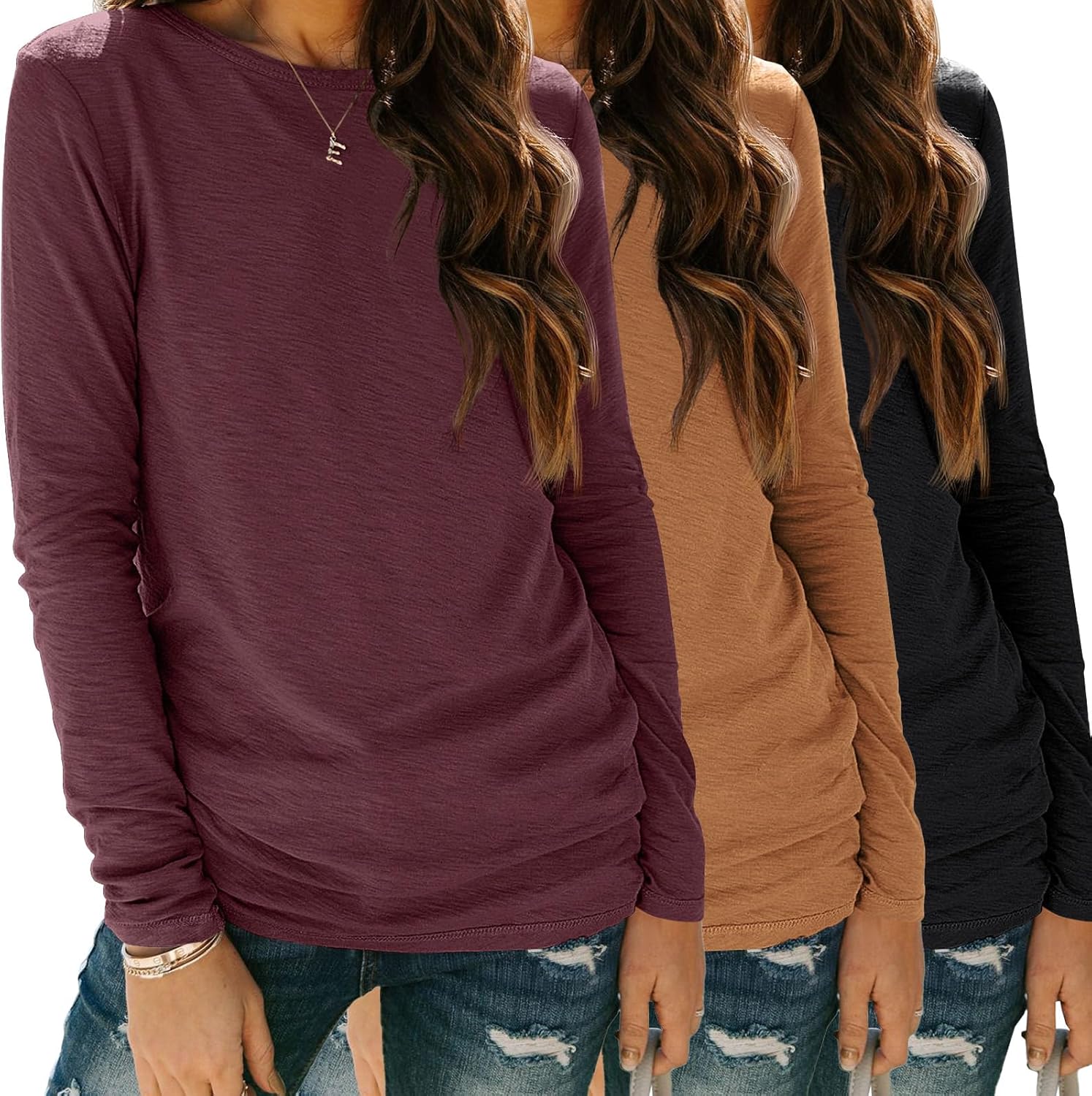 SUNBS Womens 3 Packs Long Sleeve Shirts Loose Fit Fall Tops Fashion Clothes 2025 Basic Workout Tees School Teacher Outfits