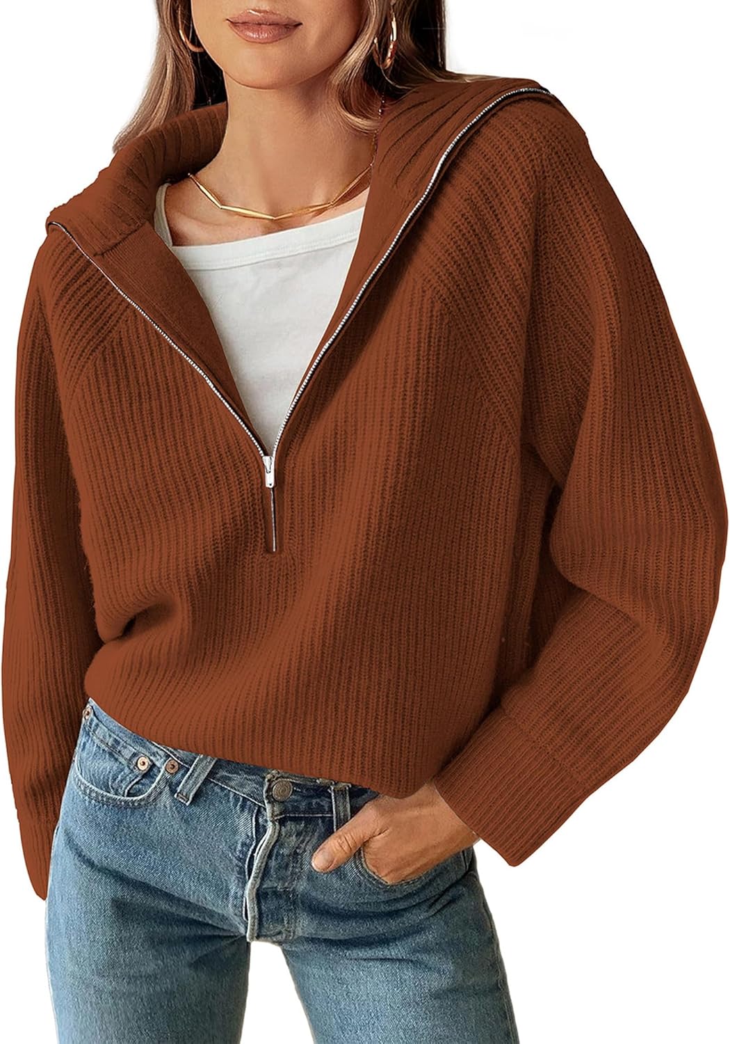 BTFBM Womens Sweaters Quarter Zip Pullover V Neck Collar Long Sleeve Ribbed Knit Loose Casual 2025 Winter Fall Sweater