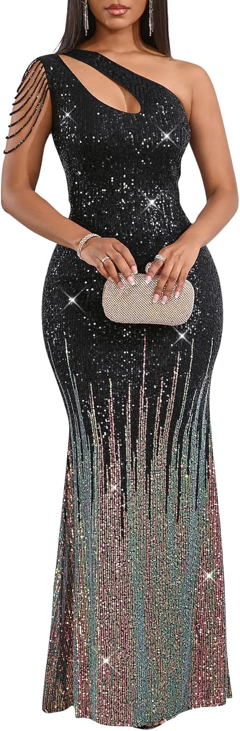 Cololura Women Sequin Elegant Sexy One Shoulder Tassel Mermaid Bodycon Cocktail Evening Dress