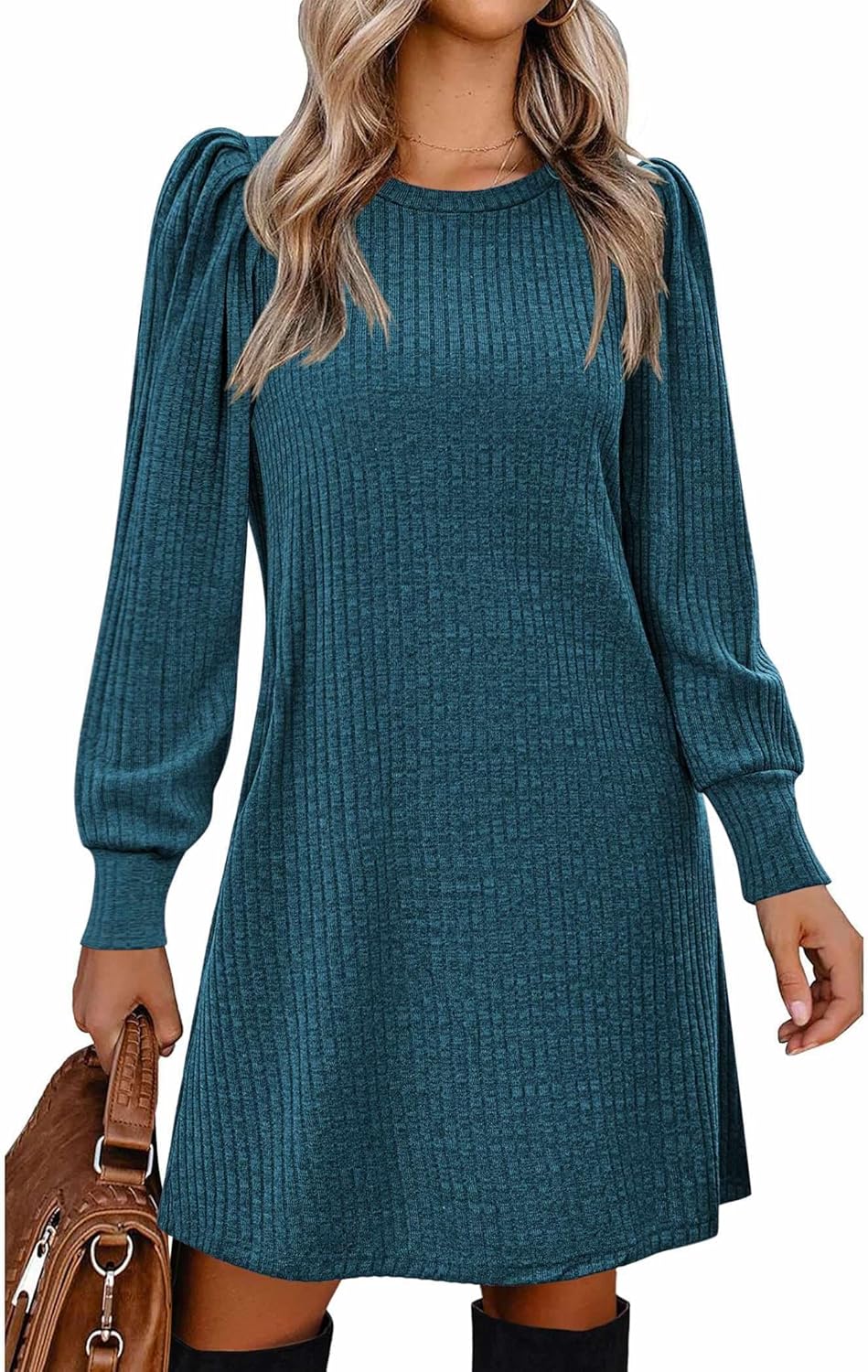 Zeagoo Women's Knit Dress with Puff Sleeves for Fall & Winter - Round Neck Casual Tunic Dress