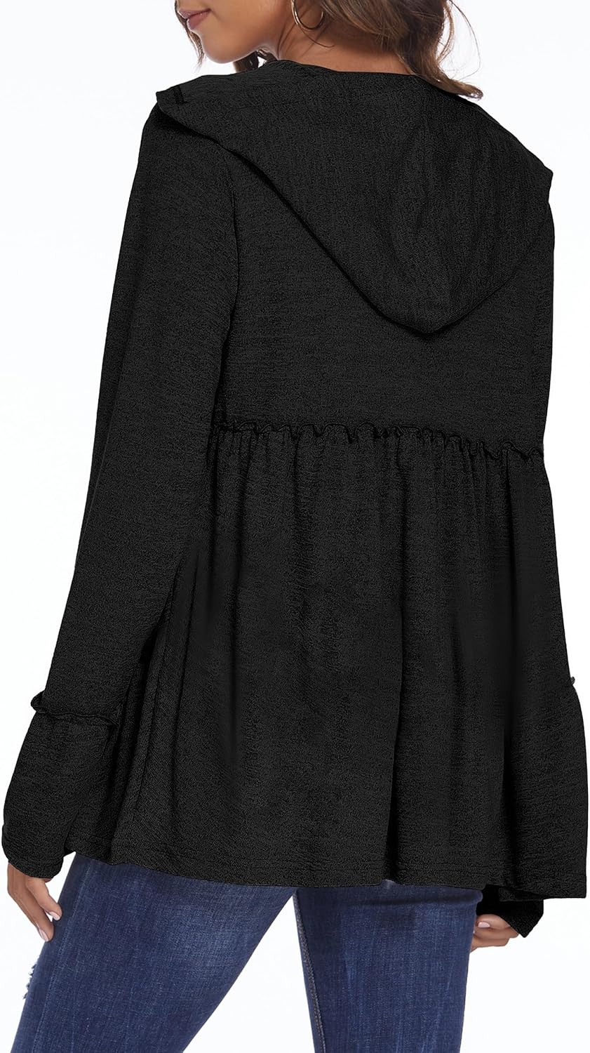 DEESHA Full Zip Up Hoodie for Women Pleated Tiered Ruffle Hooded Sweatshirts Jacket Coat Long Sleeve(Black, X-Large)