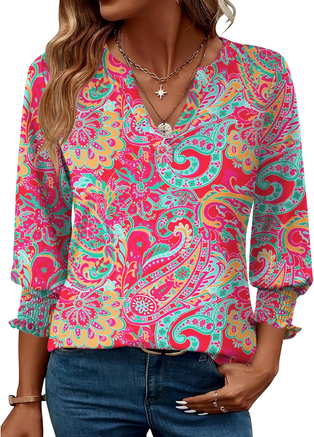 LOMON Women's 2025 Fashion Tops 3/4 Length Sleeve Business Casual Blouses Summer Tees Shirts