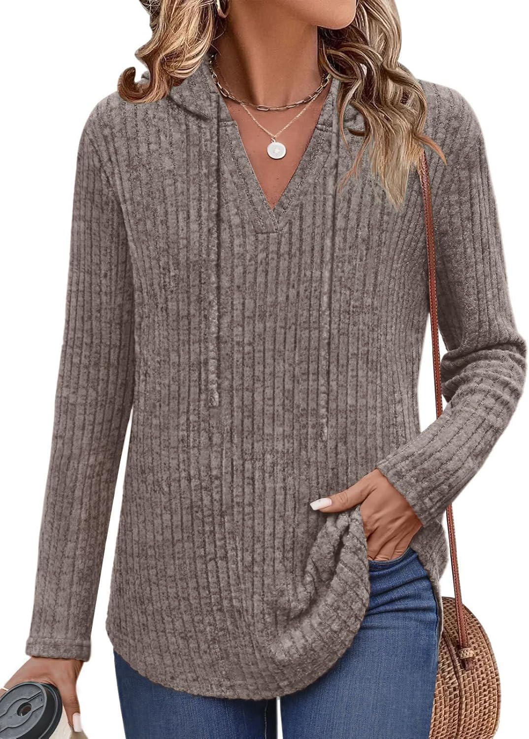 Lylinan Womens Long Sleeve Knit Hoodies V Neck Pullover Tops Ribbed Sweaters Fall Fashion Clothes S-XXL