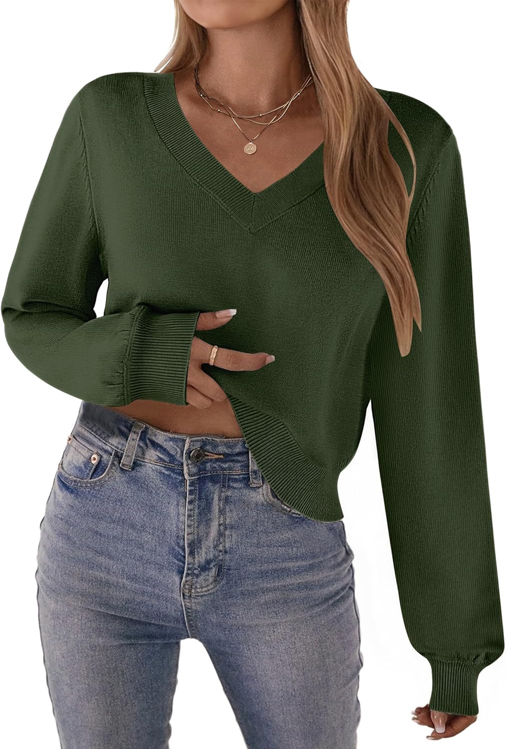 Zeagoo Women's 2025 Fall V-Neck Cropped Sweater Trendy Long Latern Sleeve Ribbed Knit Pullover Crop Tops