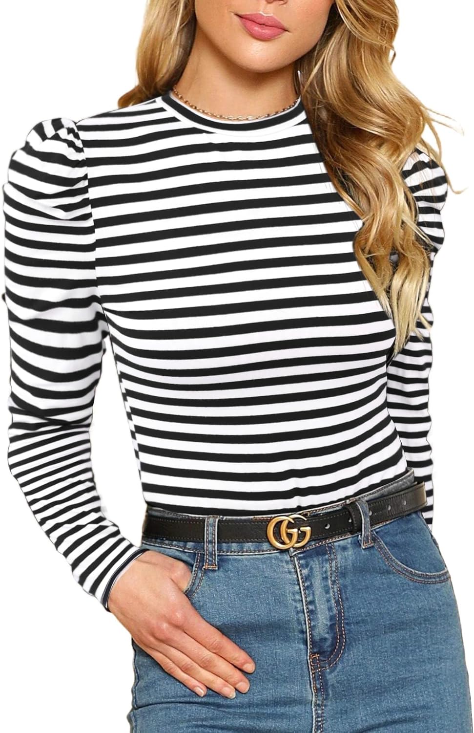 Remidoo Women's Solid Round Neck Puff Long Sleeve Slim Fit T Shirt Tops