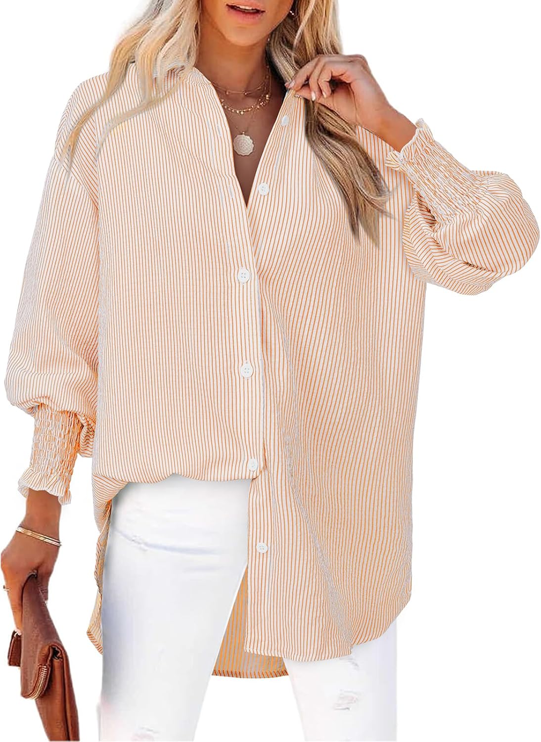 Women's Striped Button Down Shirts Long Sleeve Smocked Cuffed Oversized Boyfriend Blouses Collared Work No Pockets Tops