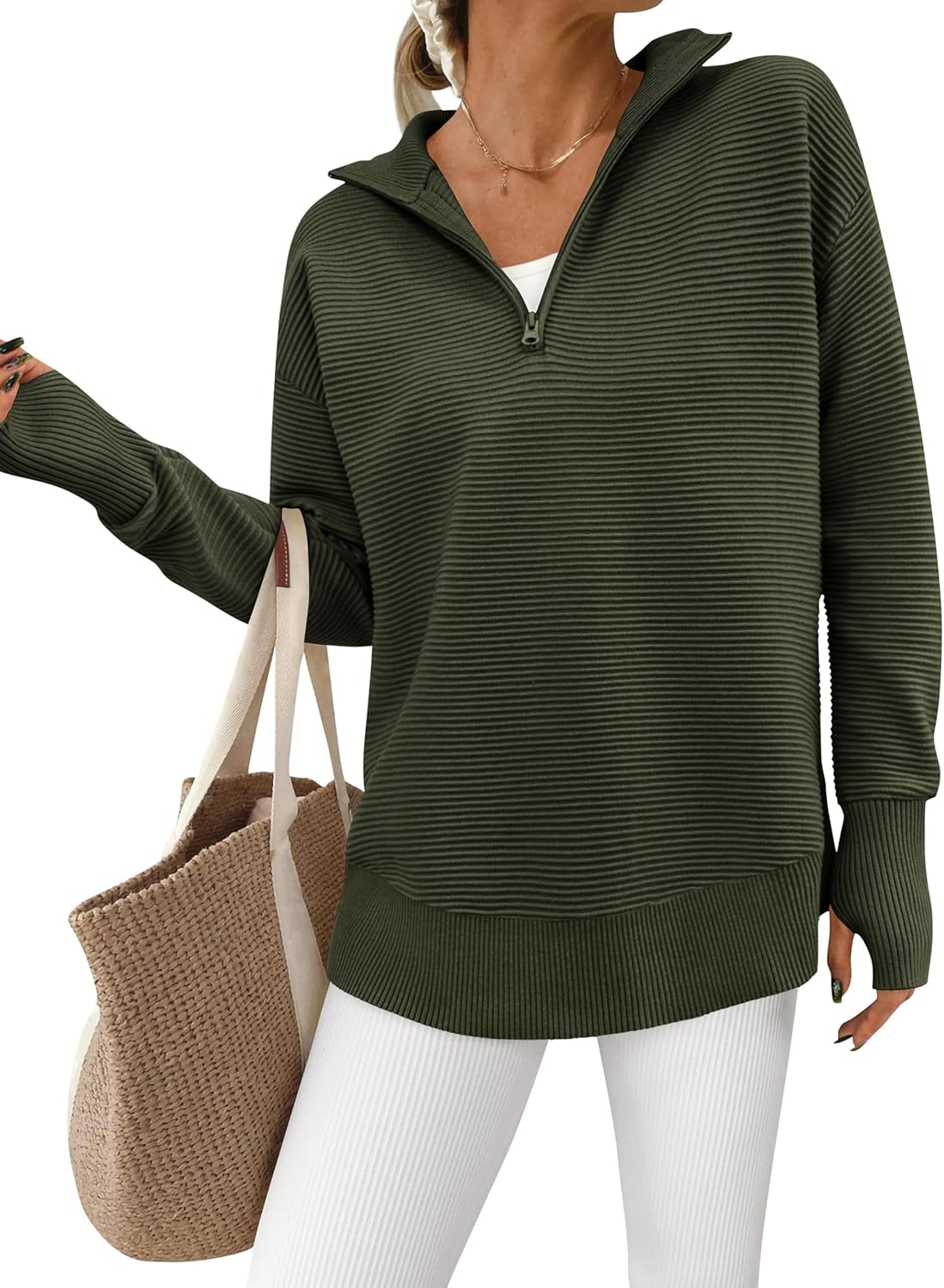 PRETTYGARDEN Womens Long Sleeve Quarter Zip Pullover Sweater Casual Loose V Neck Collared Ribbed Knit Jumper Tops Thumb Hole