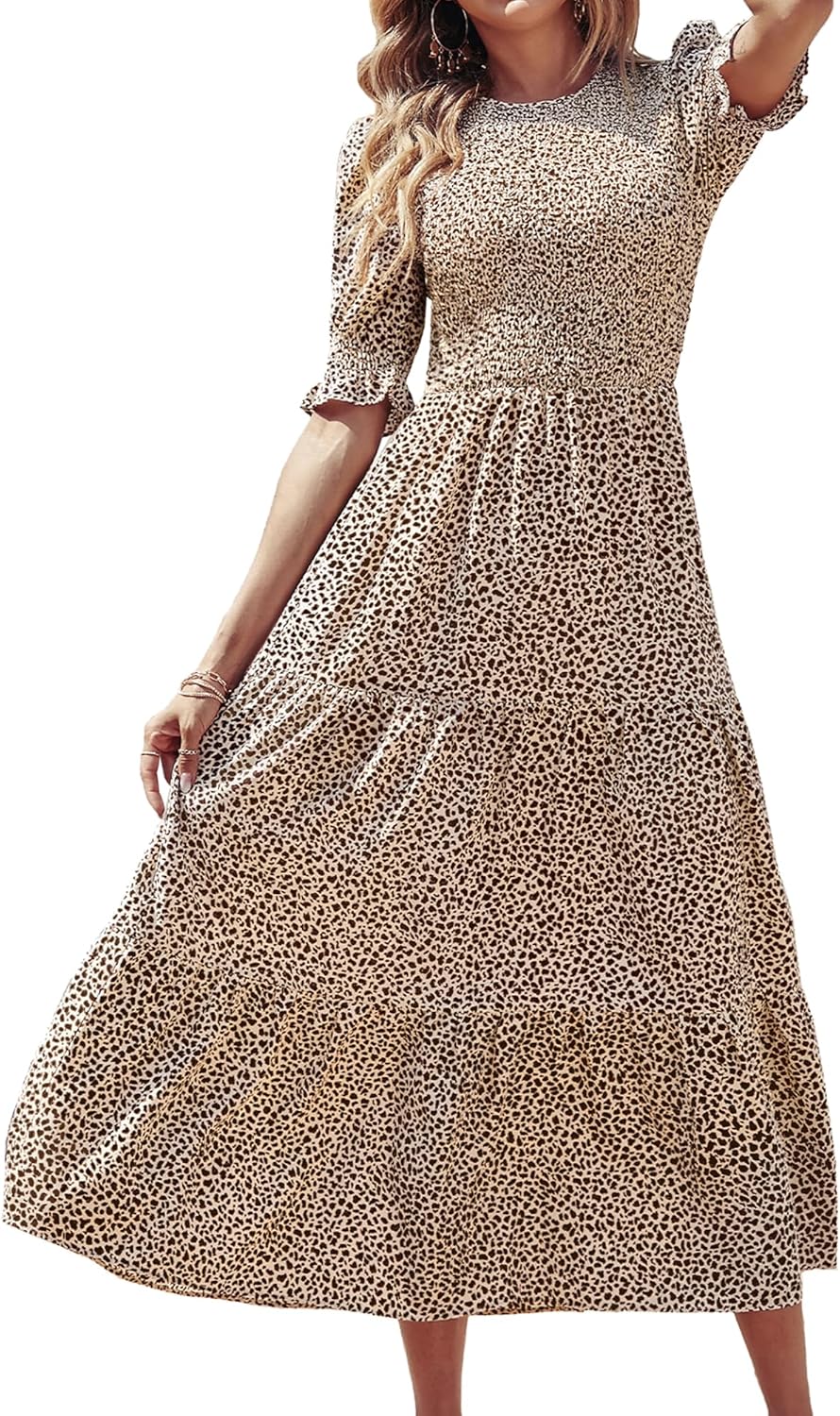 BTFBM Women Casual Summer Dresses 2025 Spring Crew Neck Ruffle Short Sleeve Floral Print Smocked Boho Flowy Maxi Dress