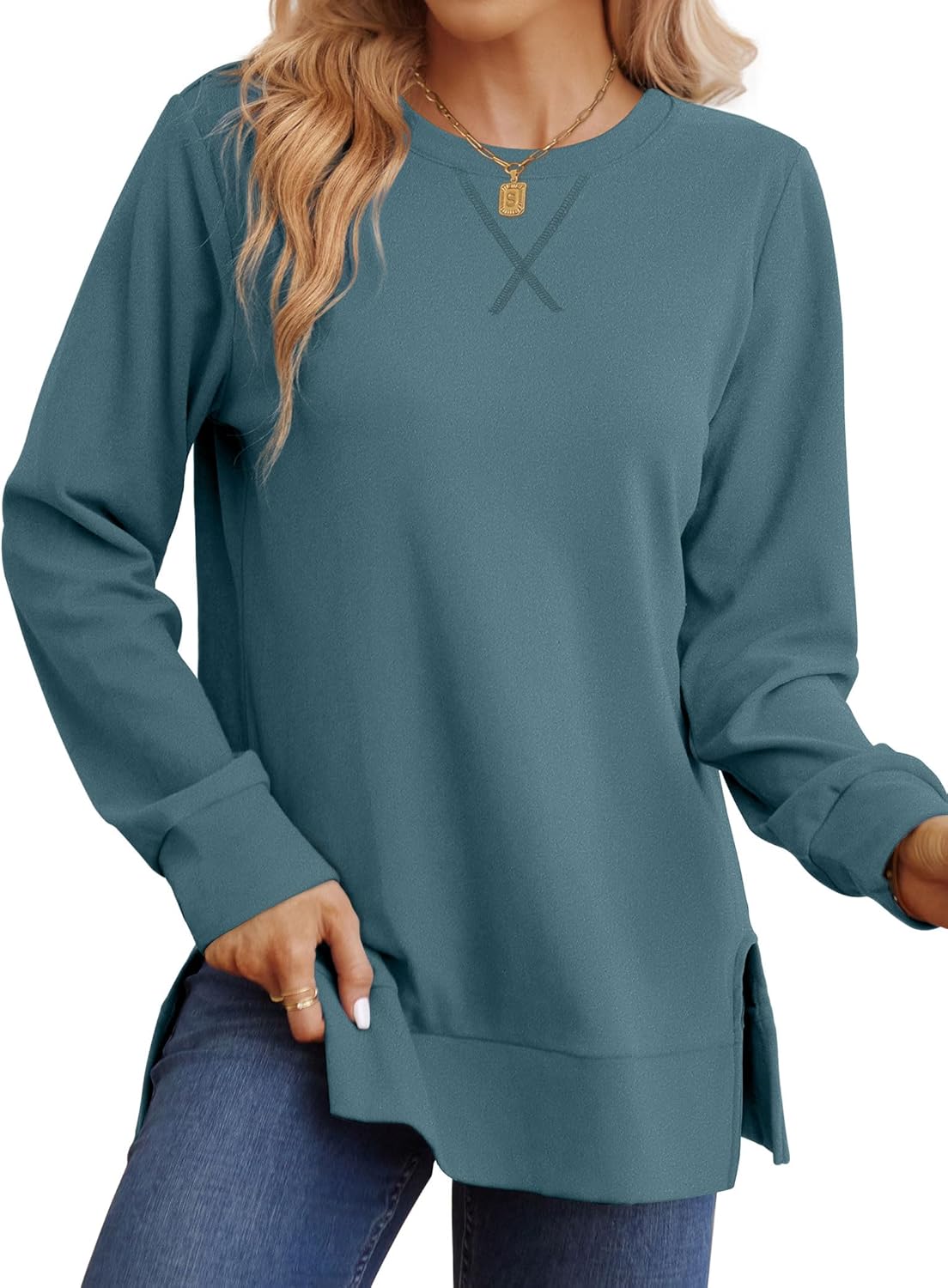 Saloogoe Sweatshirt for women Side Split Fall Fashion 2025 Long Sleeve Shirts Trending Now