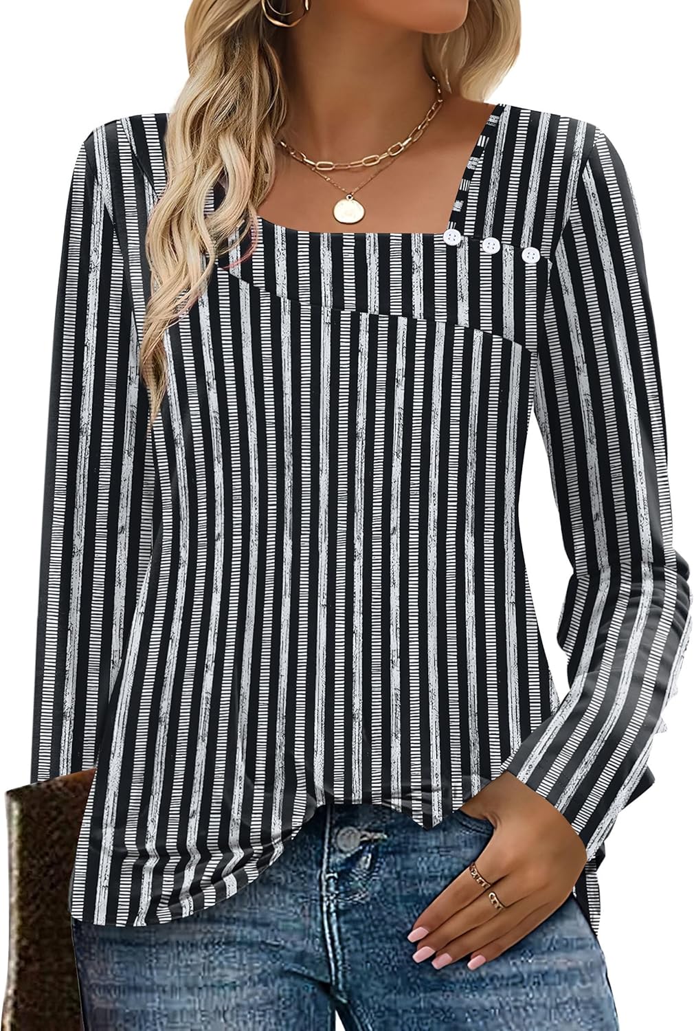 OFEEFAN Long Sleeve Shirts for Women Fall Clothes Asymmetric Square Neck Tunic Tops Decorative Buttons