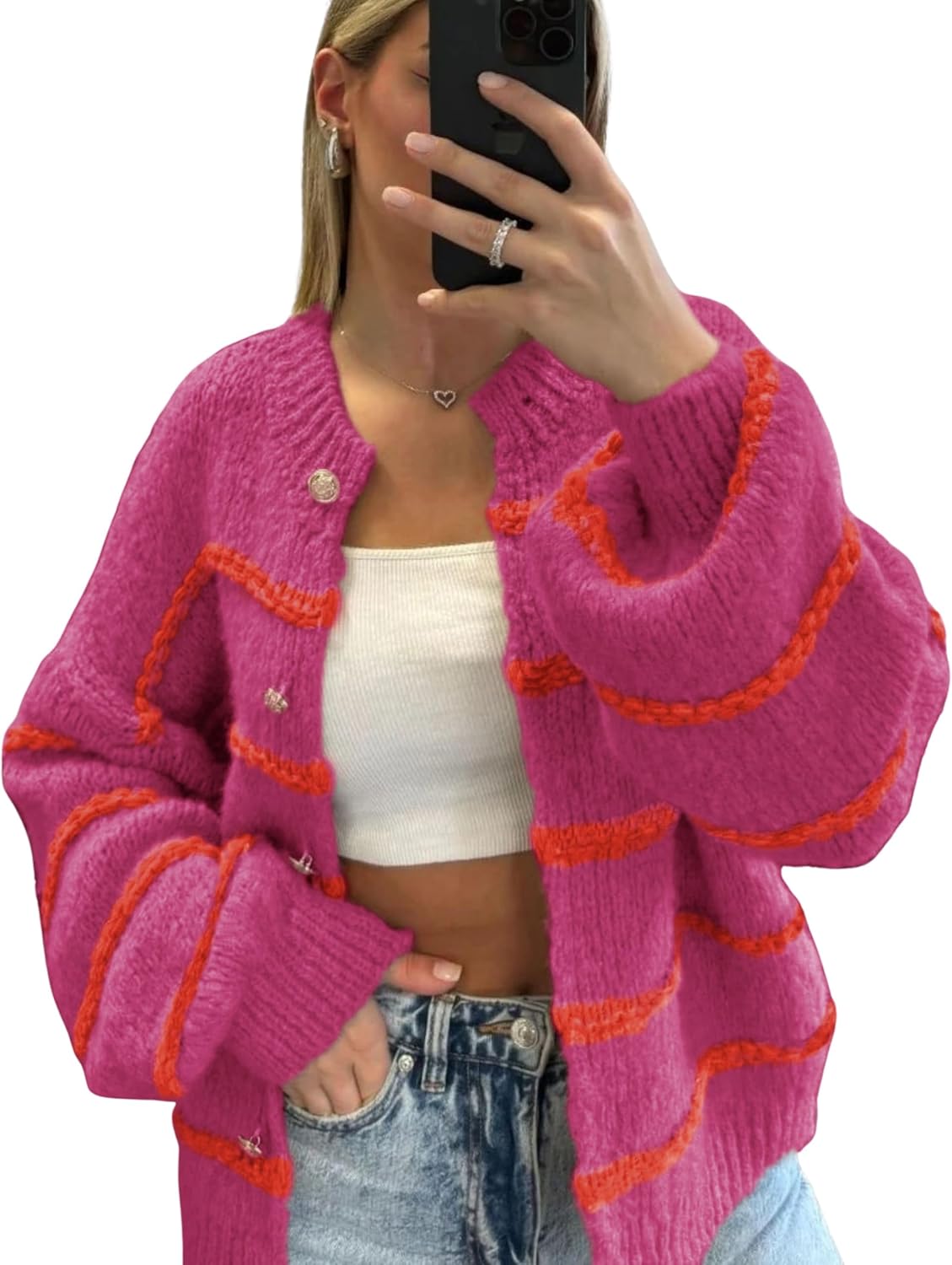 QIBABU Womens Striped Cardigan Sweaters Casual Open Front Long Sleeve Button Down Knit Outwear