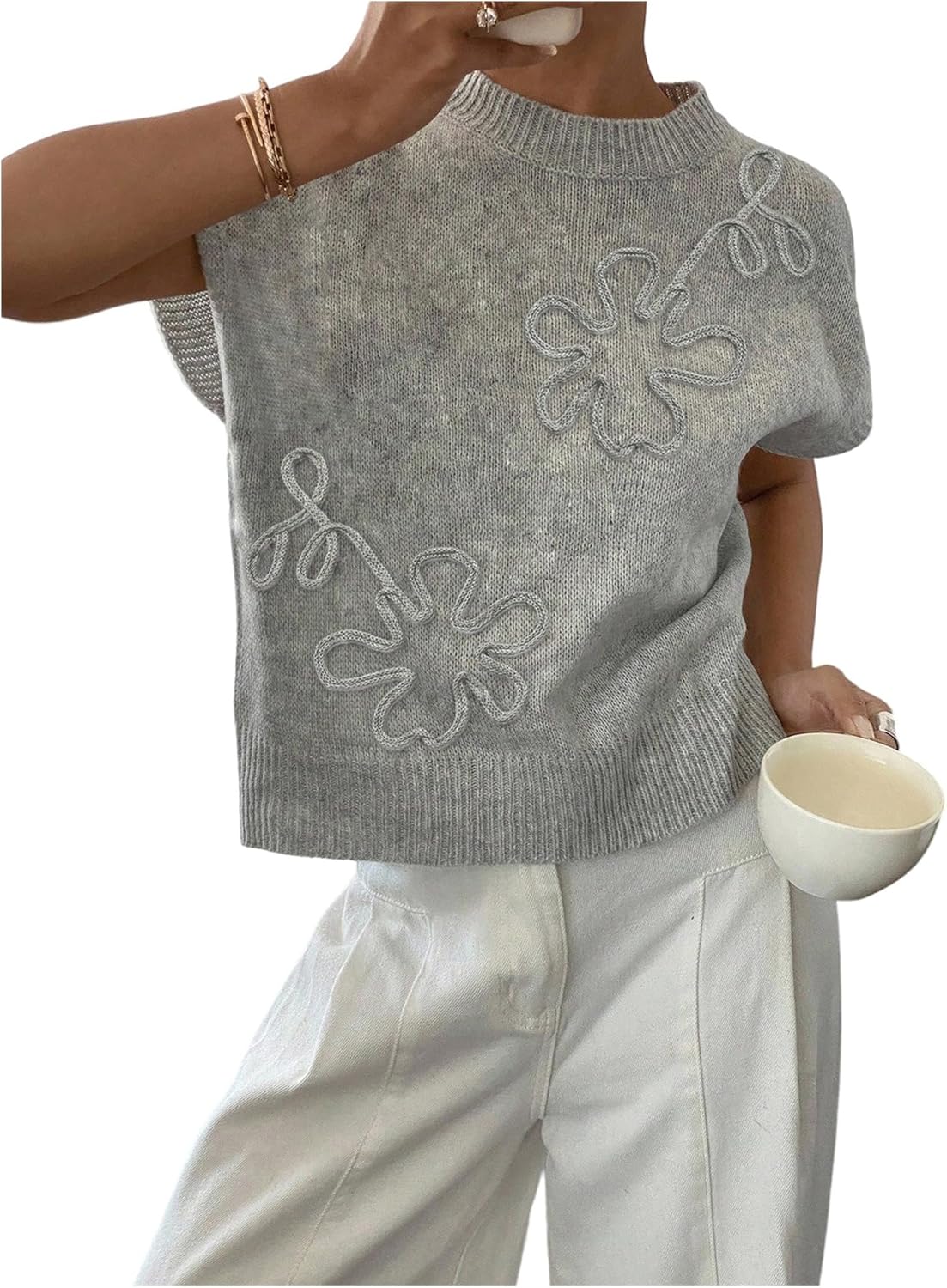 SOLY HUX Women's Ribbed Sweater Crew Neck Short Sleeve Loose Fit Floral Knit Pullover Tops