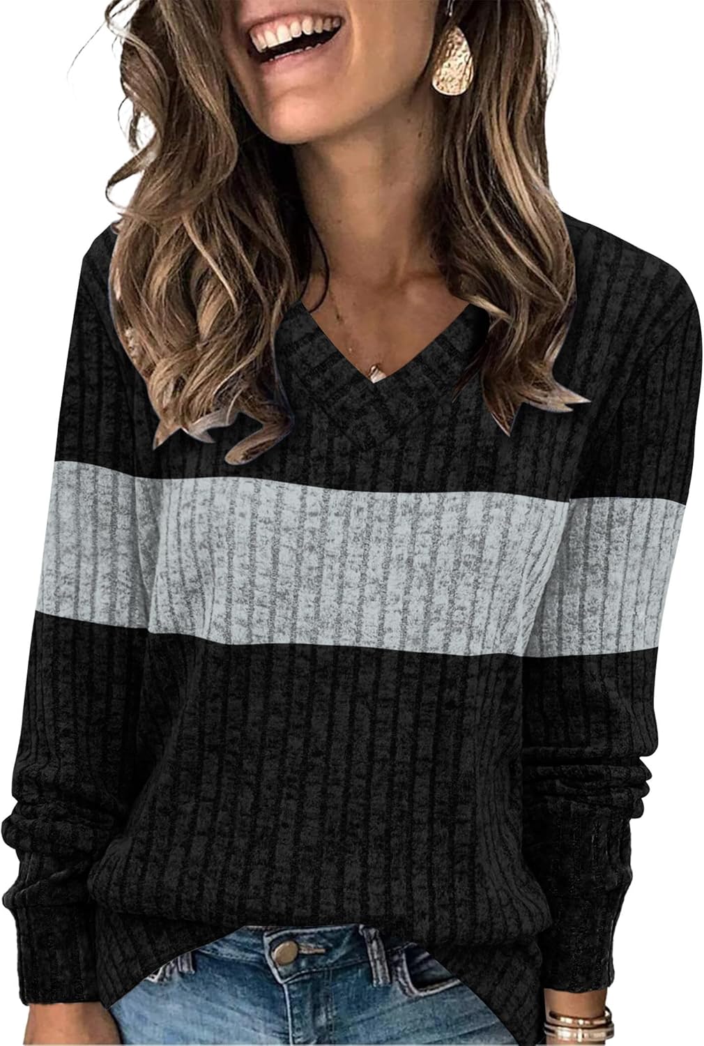 Sampeel V Neck Long Sleeve Shirts for Women Casual Fall Tops Lightweight Tunic Sweaters Fashion Clothes Loose Fit 2025