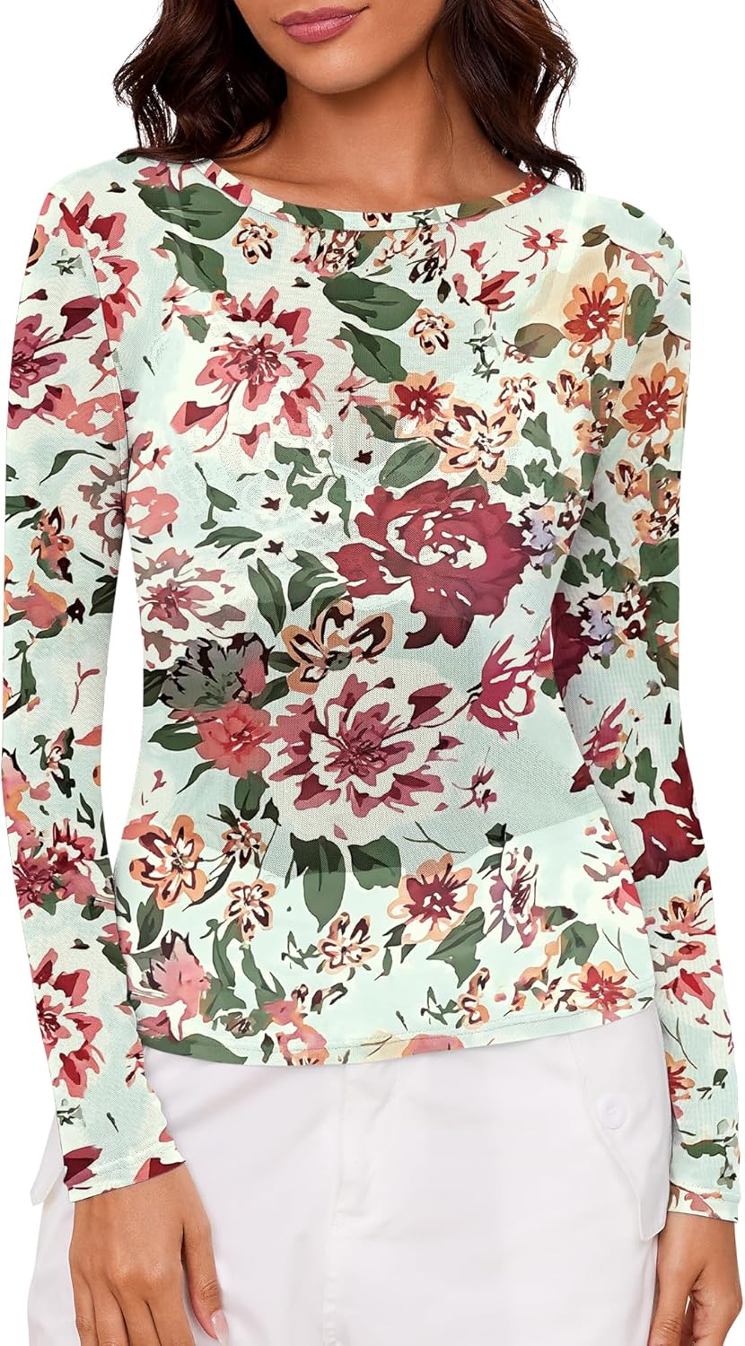 AKEWEI Womens Mesh Long Sleeve Tops Crew Neck Sexy See Through Tee Shirts Party Club Night Lace Blouse