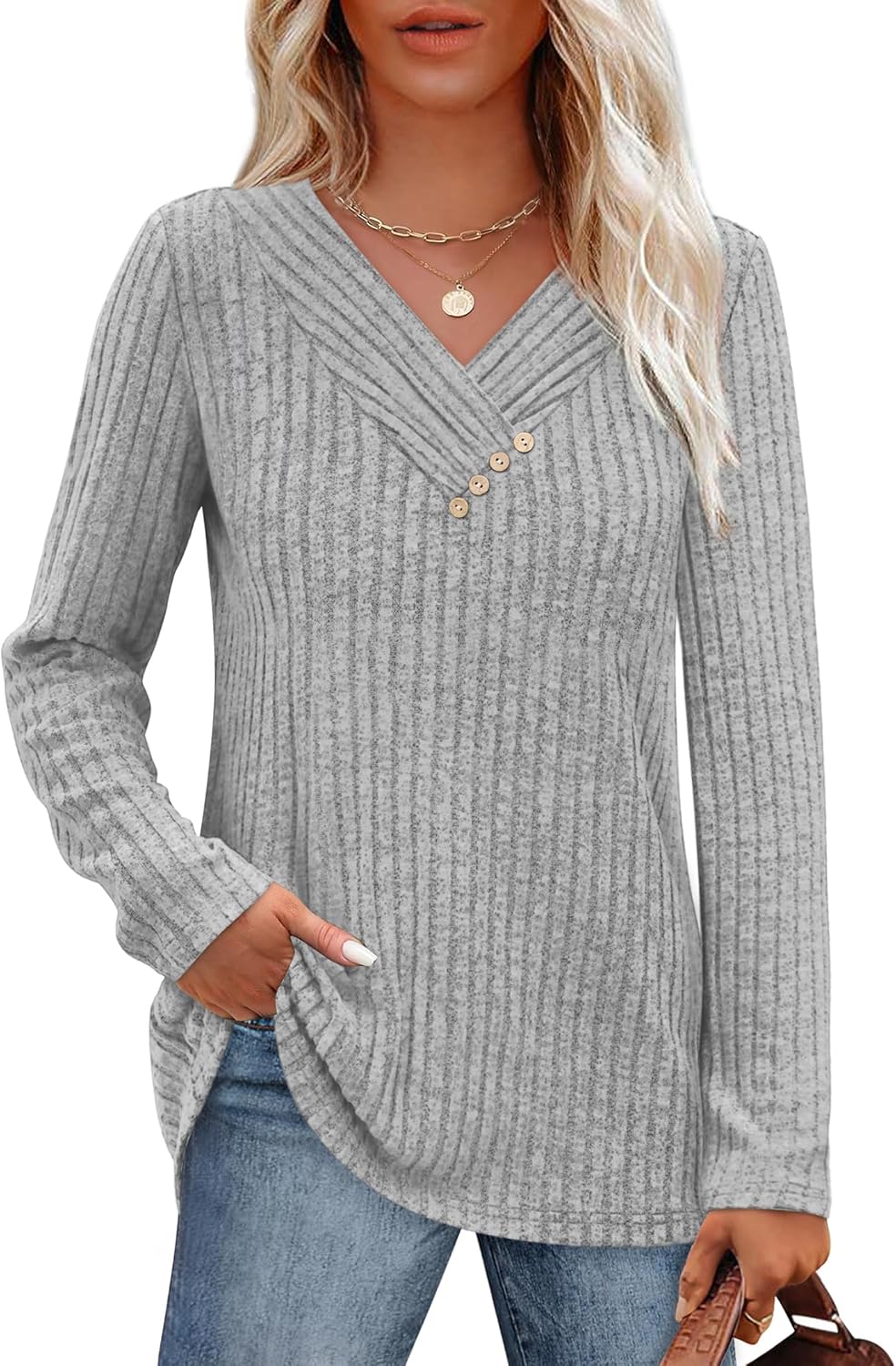SAMPEEL Sweaters for Women Long Sleeve Shirts V Neck Tops with Buttons Fall Fashion Outfits Winter Clothing 2025