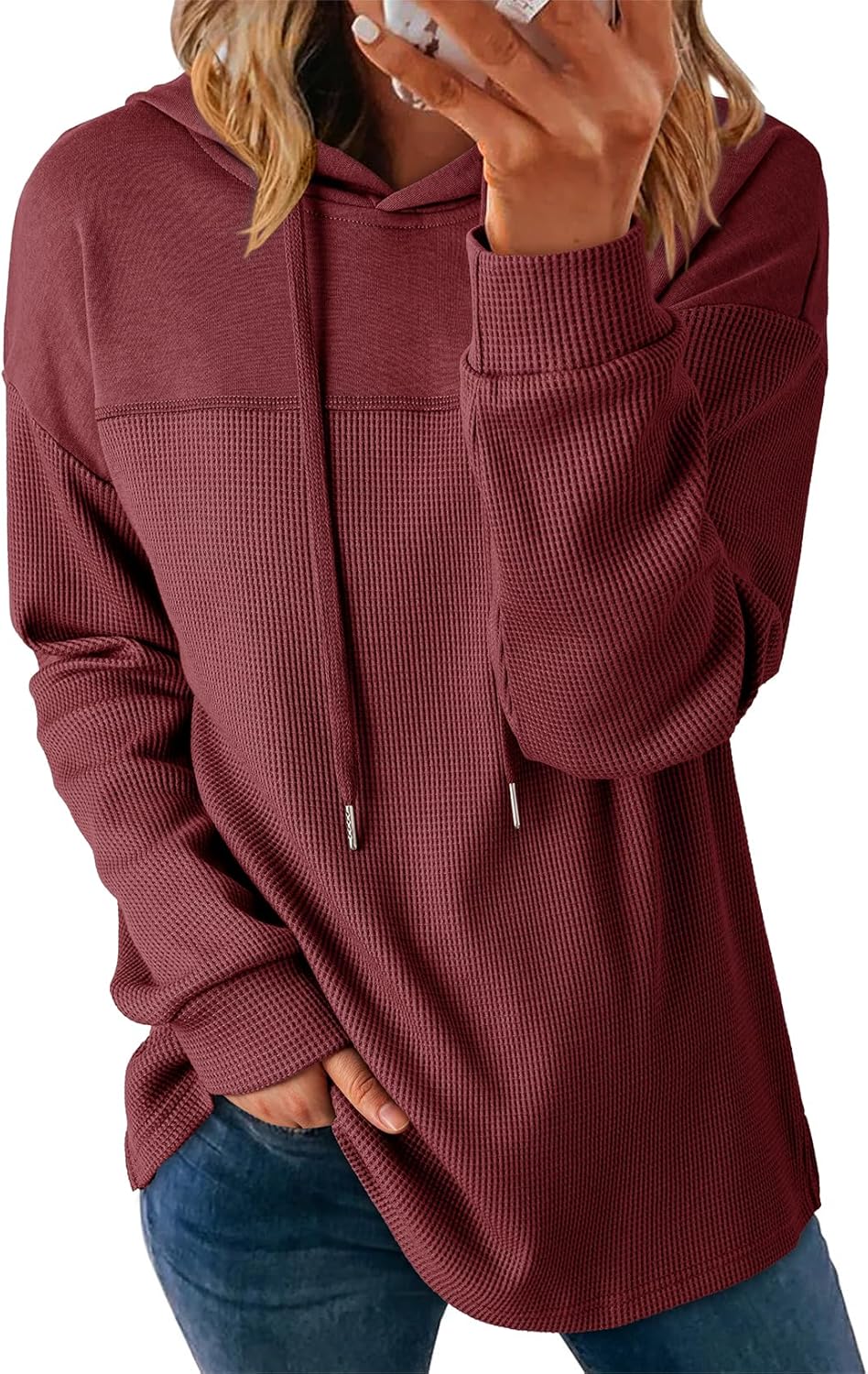 Dokotoo Womens Hoodies Casual Waffle Knit Long Sleeve Drawstring Pullover Sweatshirts Lightweight Hooded Tops