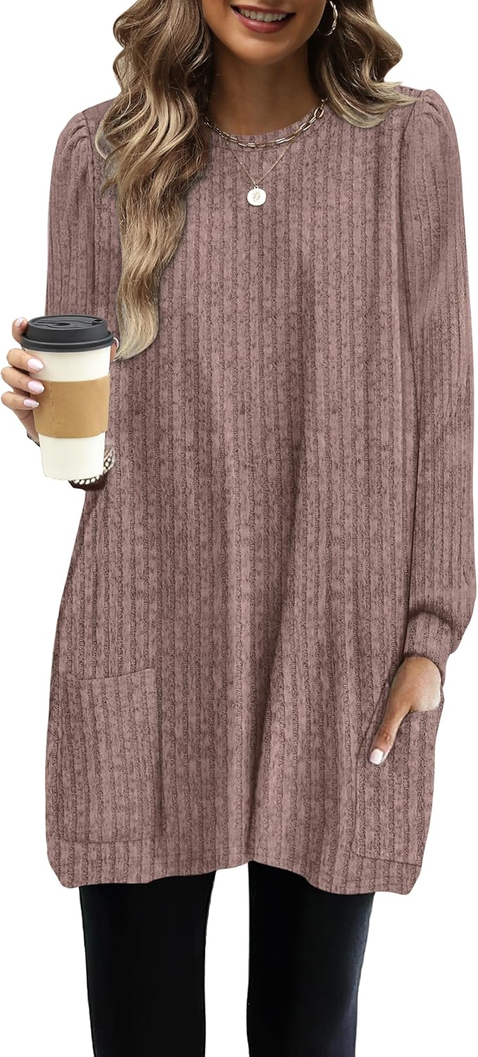 OFEEFAN Long Sleeve Shirts for Women Long Sweaters with Pockets Tunic Tops Loose Fit