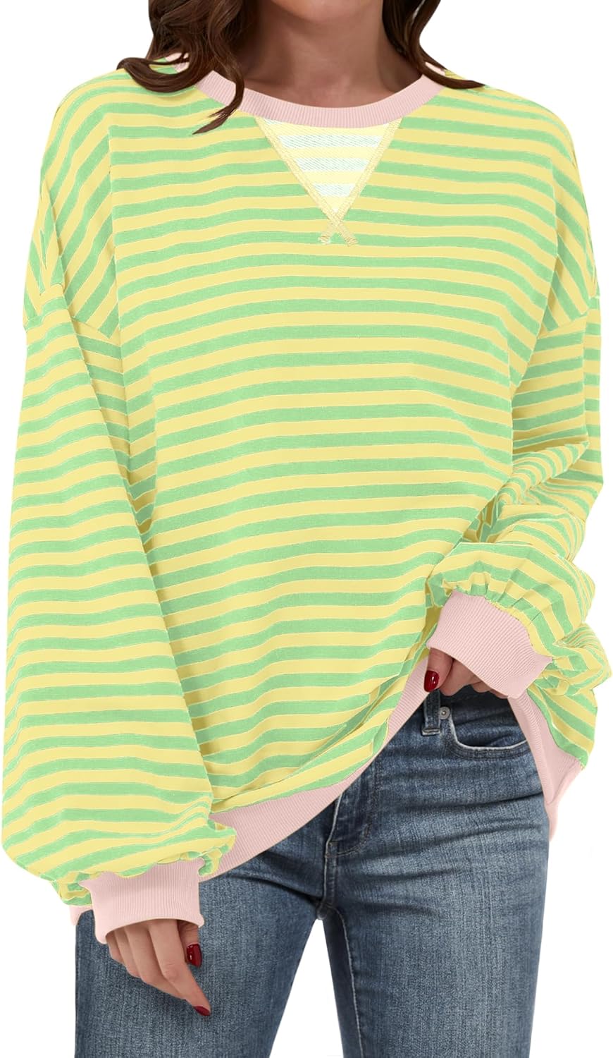 ANRABESS Women Striped Sweatshirts Oversized Crewneck Long Sleeve Shirts Y2K Pullover Top 2025 Fall Outfits Fashion Clothes