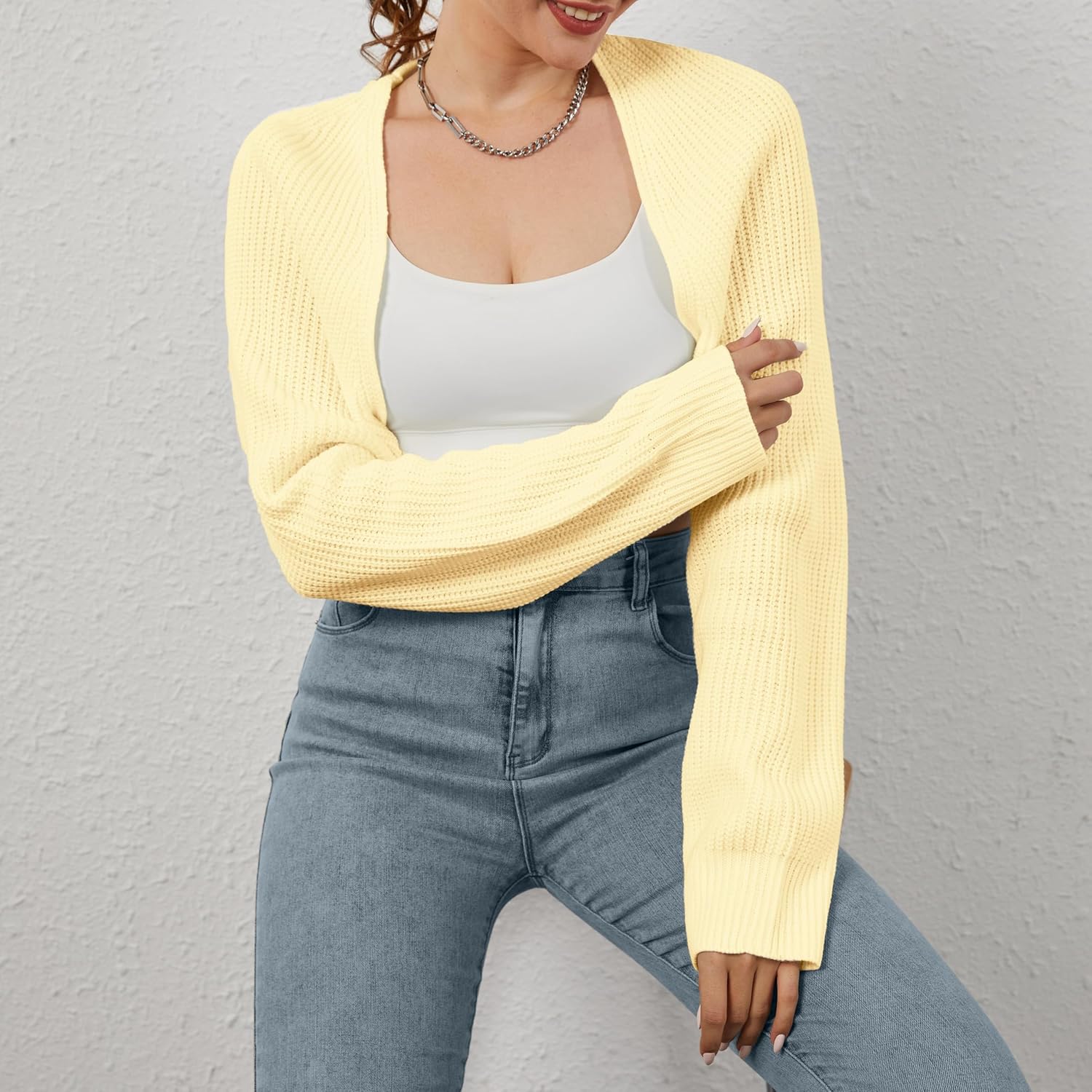 Women Open Front Ribbed Knit Crop Bolero Drop Shoulder Long Sleeve Solid Loose Fit Knitted Crop Cardigan Shrug