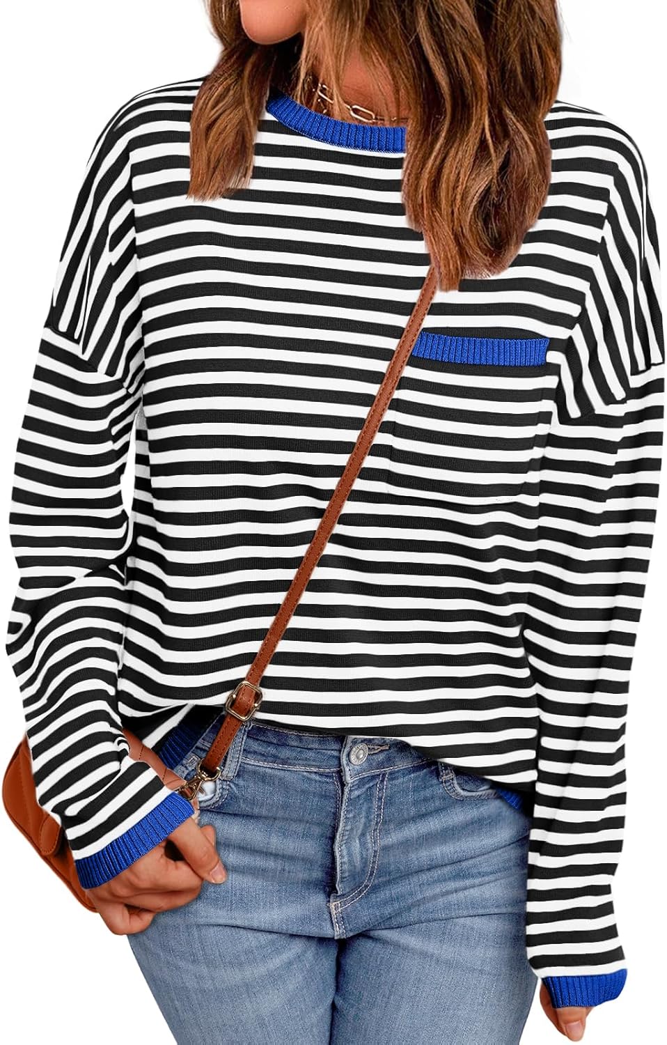 LILLUSORY Womens Striped Soft Knit Pullover Sweater Loose Fit Shirts with Chest Pocket