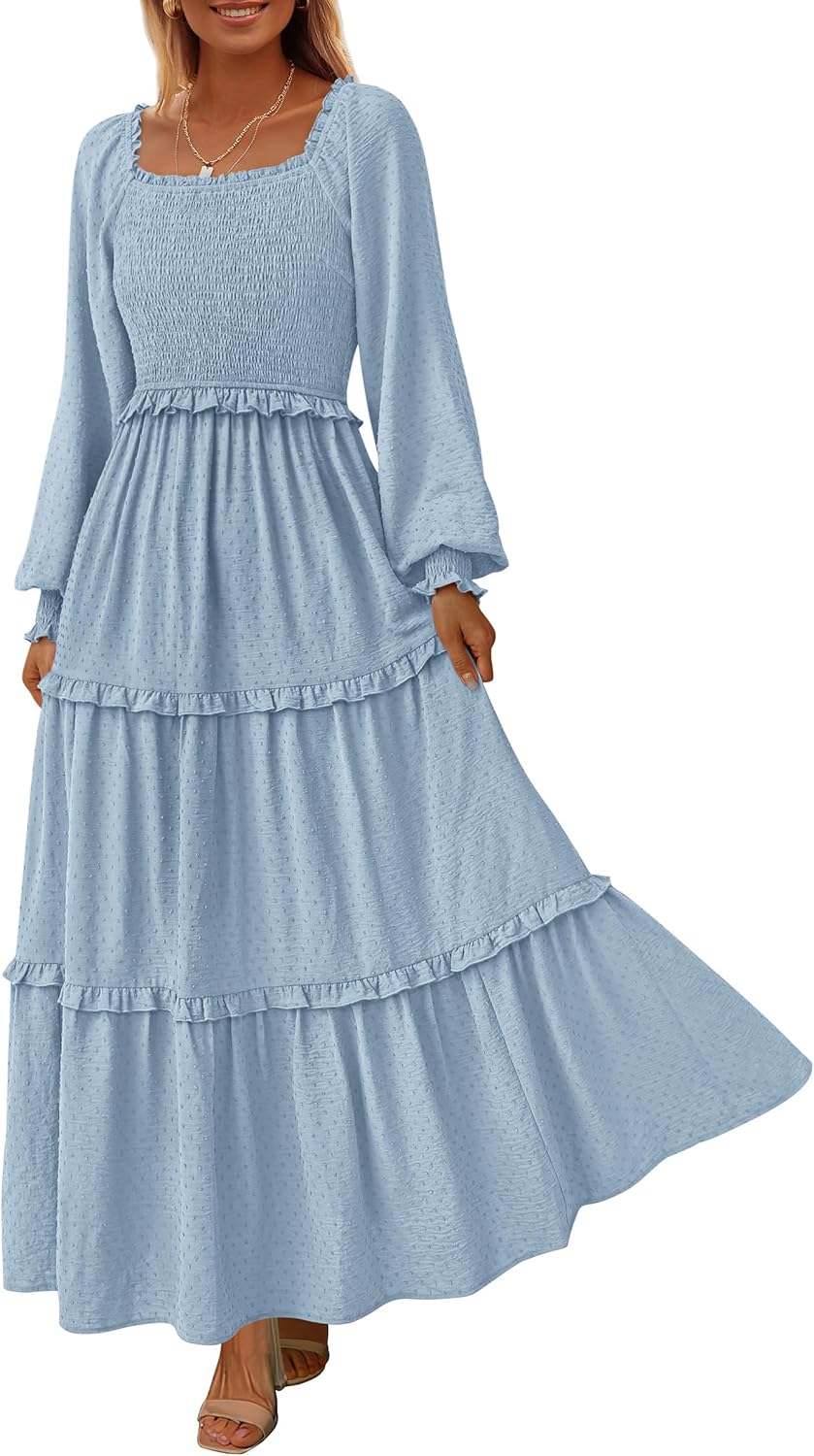 PRETTYGARDEN Fall Dresses for Women 2025 Long Sleeve Smocked Square Neck Swiss Dot Tiered Flowy Wedding Guest Maxi Dress