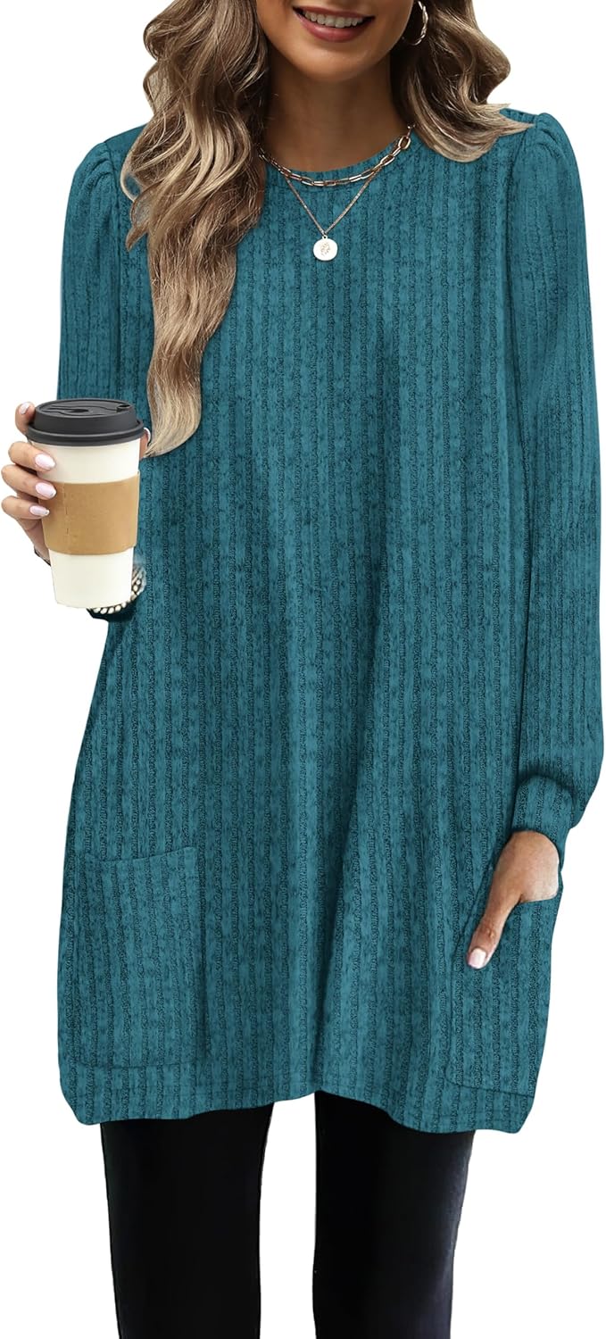 OFEEFAN Long Sleeve Shirts for Women Long Sweaters with Pockets Tunic Tops Loose Fit