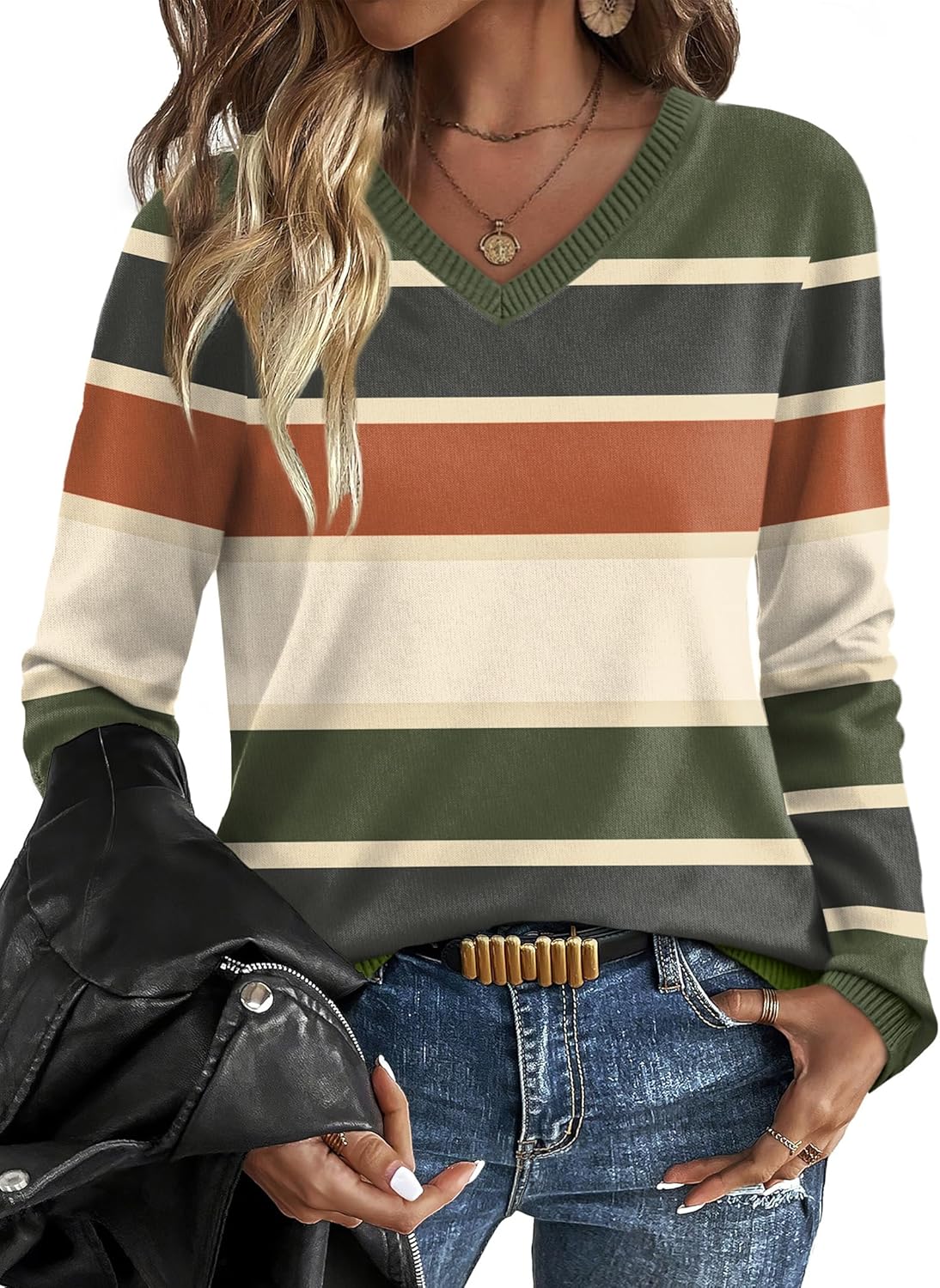 OFEEFAN Womens Sweaters Long Sleeve Shirts Fall Outfits 2025 V Neck Soft Knit Pullover Trendy Tops Dressy Casual Blouses