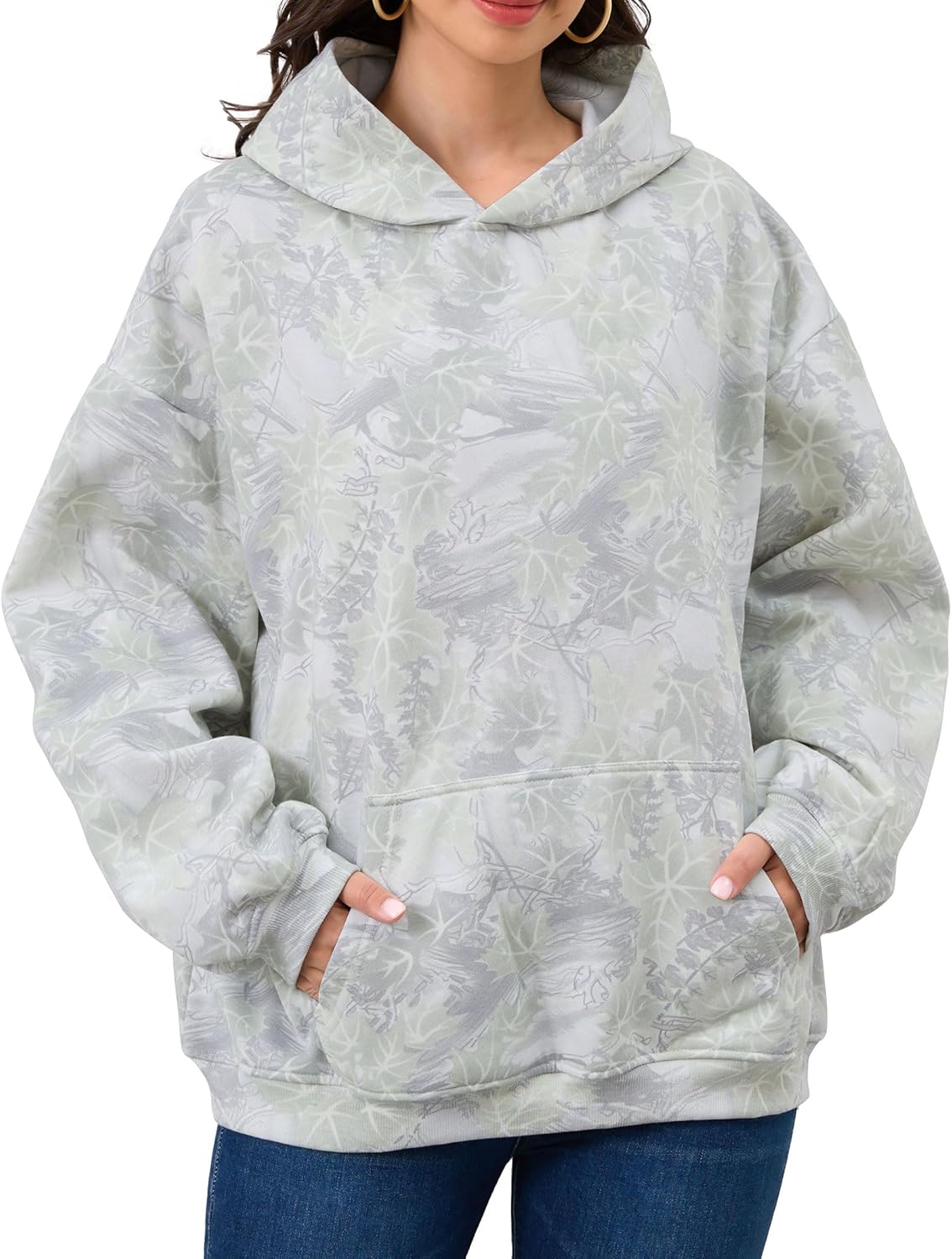 Womens Camo Hoodies Maple Leaf Print Oversized Hooded Sweatshirt Fleece Pullover Sweatshirts Long Sleeve with Pocket