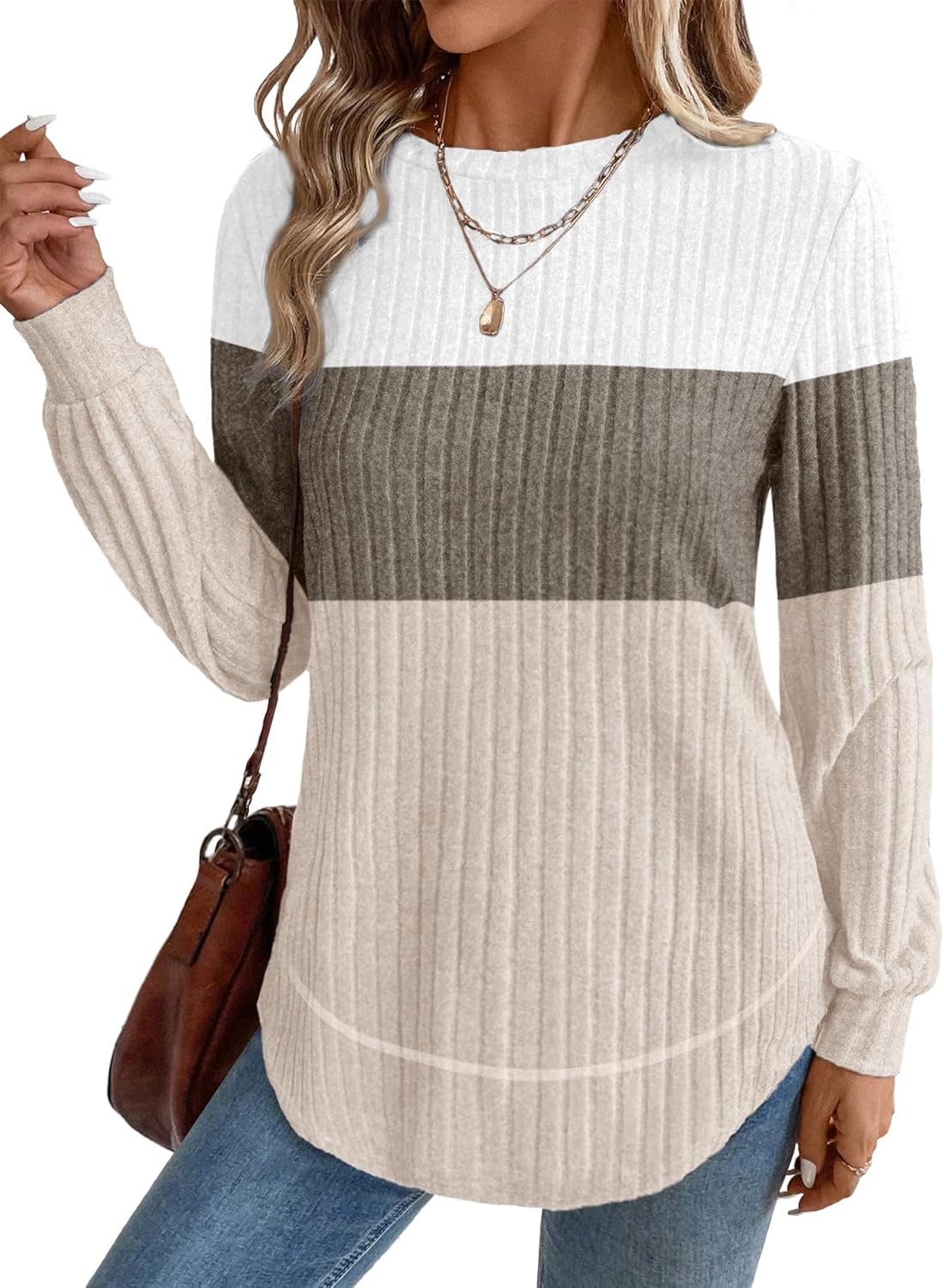 OFEEFAN Tunic Tops for Women Loose Fit Dressy Long Sleeve Shirts Womens Sweaters Crew Neck Fall Clothing with Curved Hem