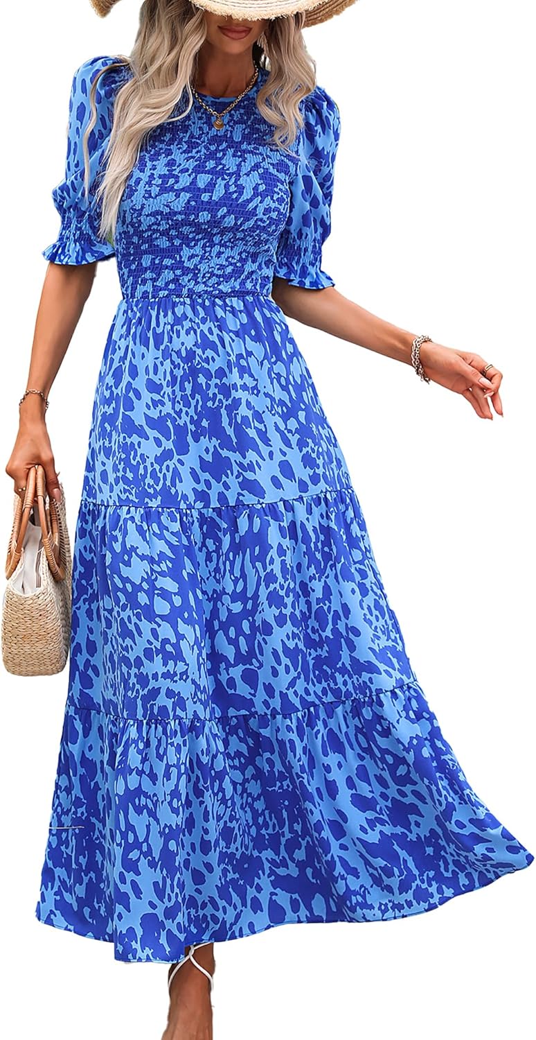 BTFBM Women Casual Summer Dresses 2025 Spring Crew Neck Ruffle Short Sleeve Floral Print Smocked Boho Flowy Maxi Dress