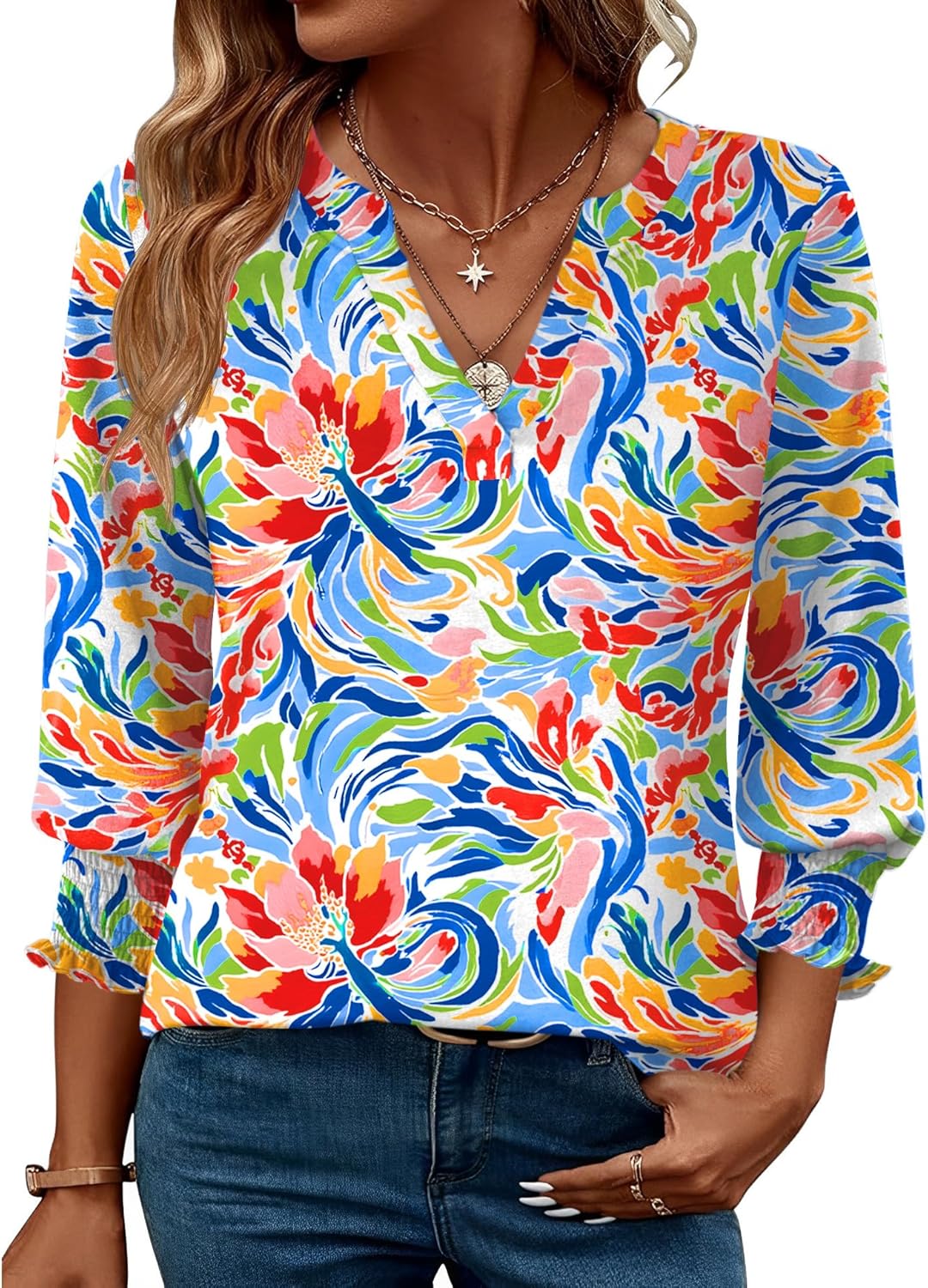 LOMON Women's 2025 Fashion Tops 3/4 Length Sleeve Business Casual Blouses Summer Tees Shirts