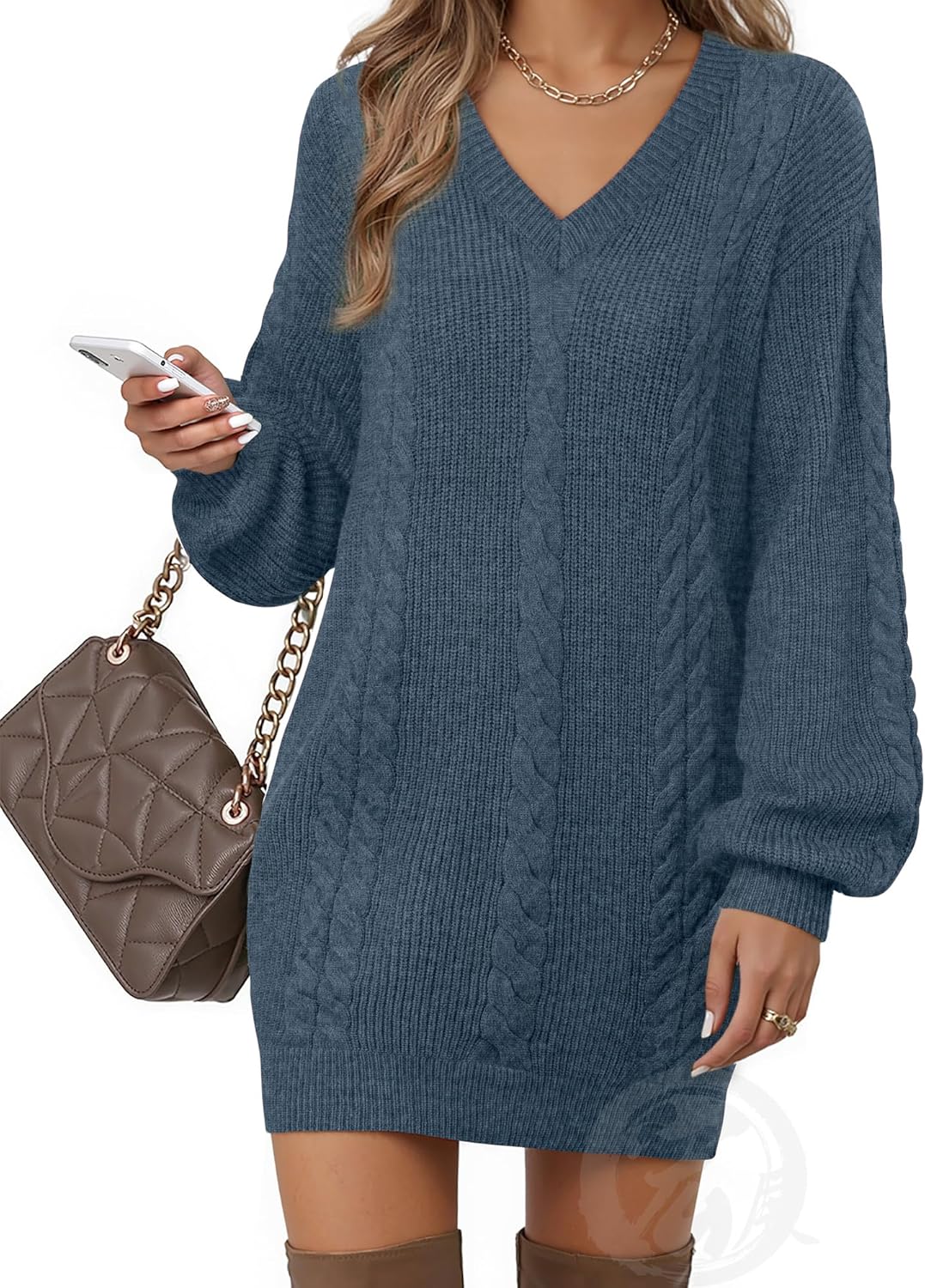 Women's Pullovers Jumper Sweaters Lantern Sleeve Casual V Neck Fall Knit Mini Sweater Dresses