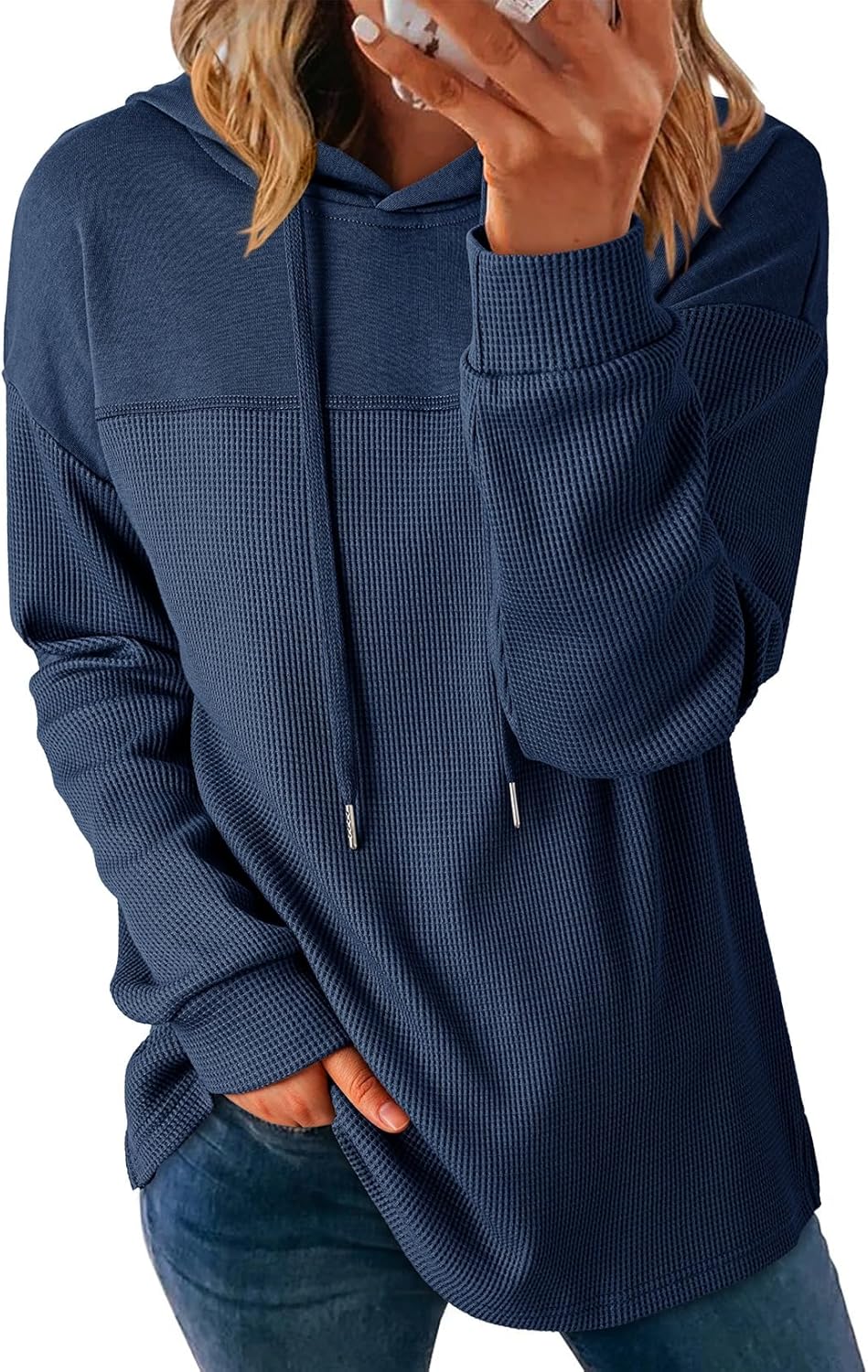 Dokotoo Womens Hoodies Casual Waffle Knit Long Sleeve Drawstring Pullover Sweatshirts Lightweight Hooded Tops